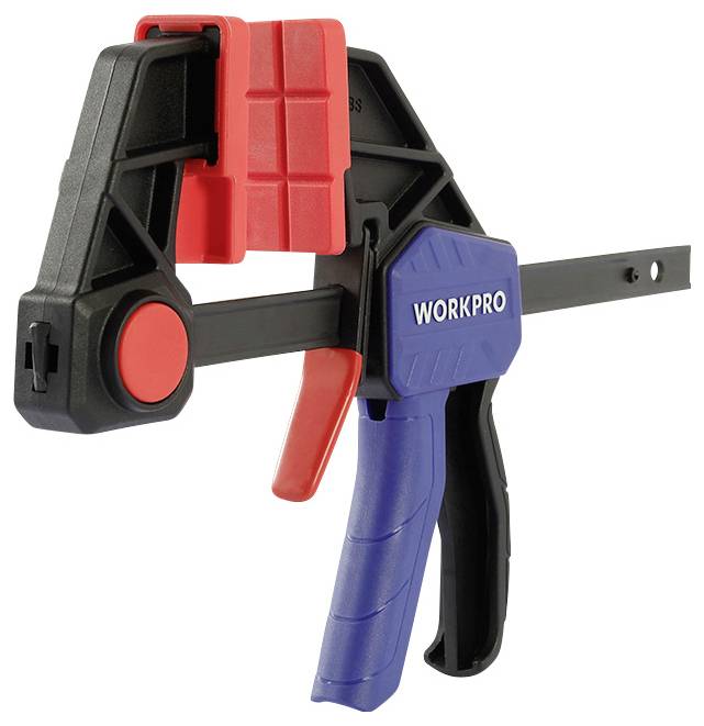 Eine Einhandzwinge in Schwarz, Rot und Blau mit dem Schriftzug 'WORKPRO' auf dem Griff, geeignet zum Fixieren von Werkstücken.