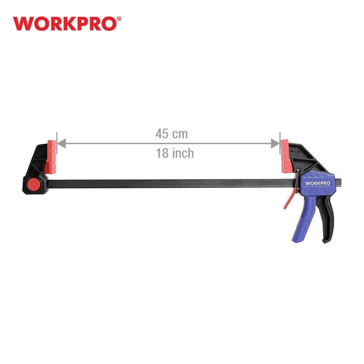 Eine Schraubzwinge von WORKPRO mit einer maximalen Spannweite von 45 cm (18 Zoll) ist abgebildet.
