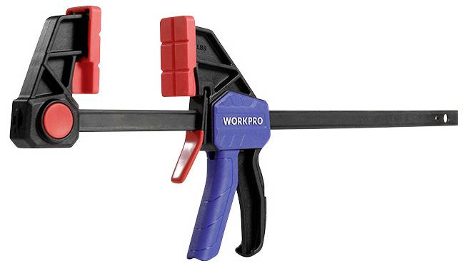 Ein Einhandzwinge mit einem blauen Griff und roten Spannbacken, ideal zum Klemmen von Werkstücken bei der Holzbearbeitung.