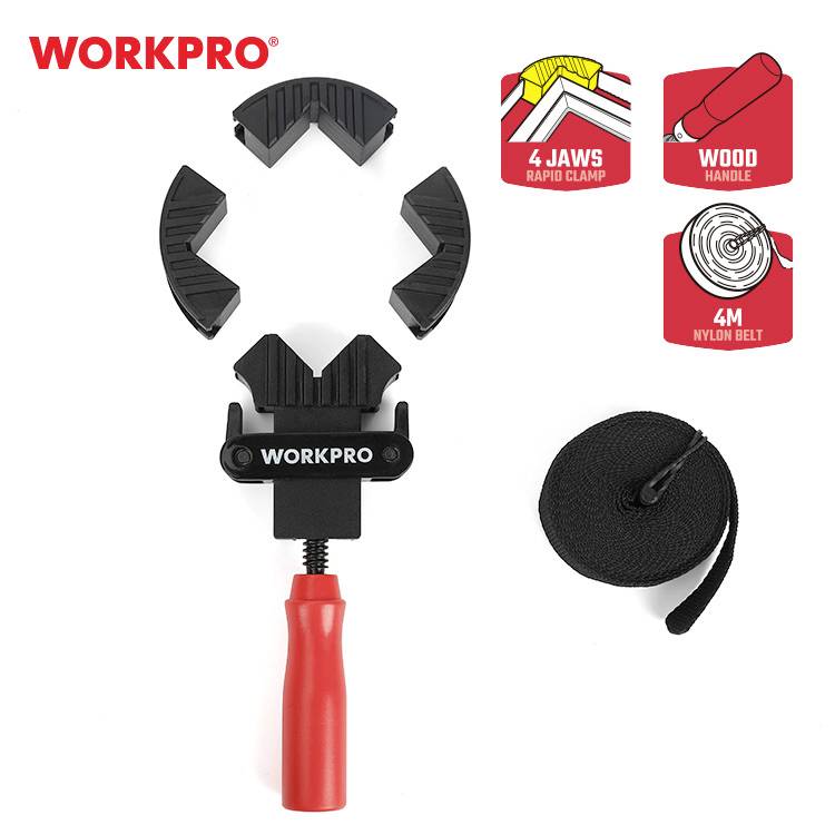 Ein roter Spannriemen mit vier Klemmen und einem Holzgriff von Workpro. Nebenan Symbole: '4 Klemmen', 'Holzgriff', '4 m Nylonriemen'.