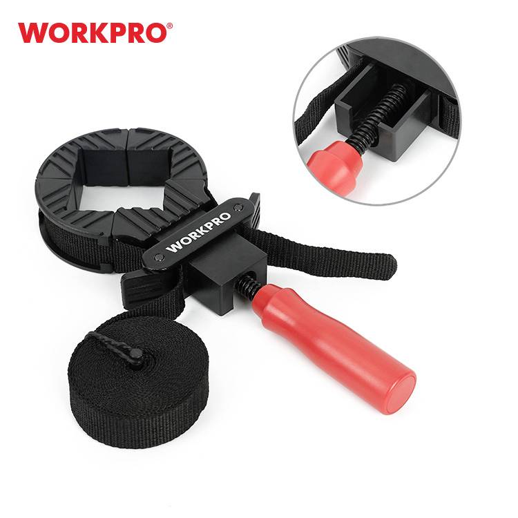 'WORKPRO' Bandspanner mit rotem Griff und schwarzem Riemen, für das sichere Fixieren von eckigen Objekten.