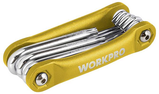 Ein gelbes, faltbares Multitool mit mehreren silbernen Schraubenschlüsseln. Die Aufschrift 'WORKPRO' ist auf der Seite sichtbar.