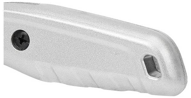 Abbildung eines Handmessergriffs in Silber mit Befestigungsschraube und Loch für Klingenwechsel.