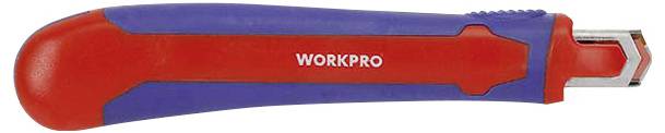 Blauer und roter Cutter mit der Aufschrift 'WORKPRO' auf dem Griff, metallische Klinge sichtbar am Ende.