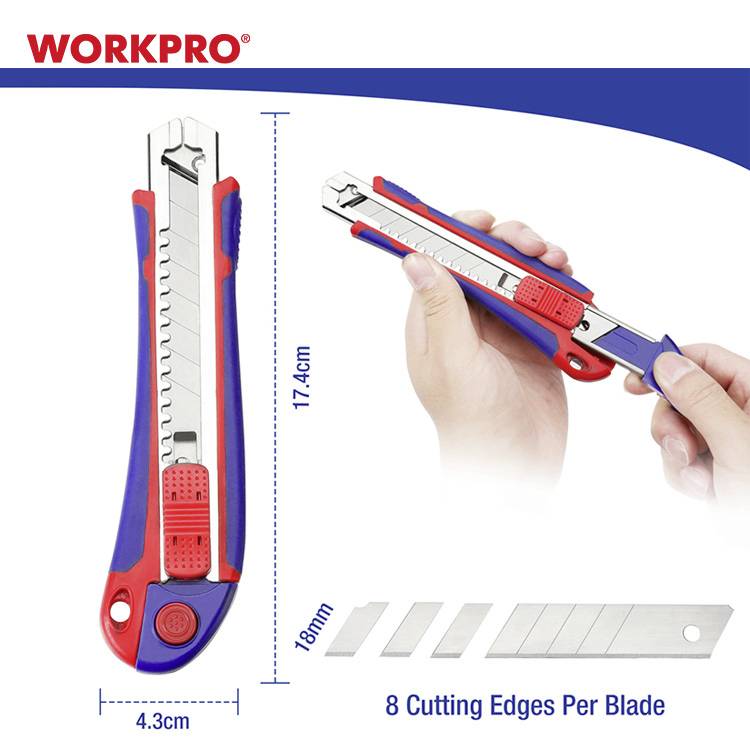 Ein roter und blauer Cuttermesser, 17,4 cm lang und 4,3 cm breit, mit 8 Ersatzklingen, wird gezeigt.