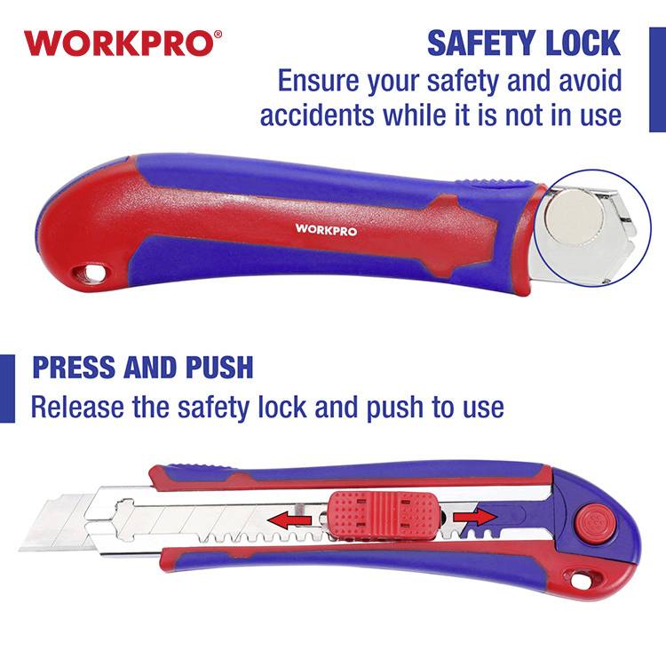 Ein rotes und blaues Sicherheitsmesser mit Klingenarretierung. Text: 'SAFETY LOCK: Ensure your safety and avoid accidents'; 'PRESS AND PUSH: Release the safety lock and push to use.'