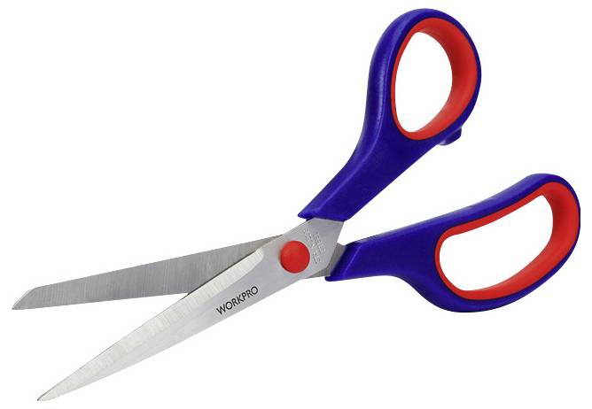 Eine blaue und rote Schere mit Edelstahlklingen.