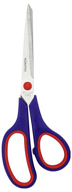 Eine blaue Schere mit roten Details und Edelstahlklingen, die aufrecht steht.