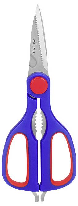 Blaue Küchenschere mit roten Griffen und gezackter Klinge, geeignet für vielseitiges Schneiden in der Küche.