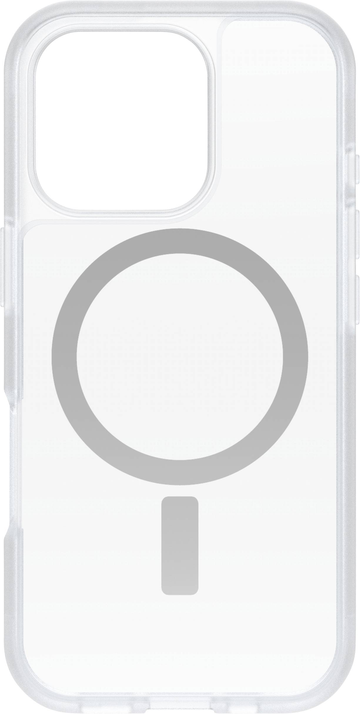 Transparentes Smartphone-Case mit einem grauen Kreis und einem darunterliegenden Rechteck in der Mitte.