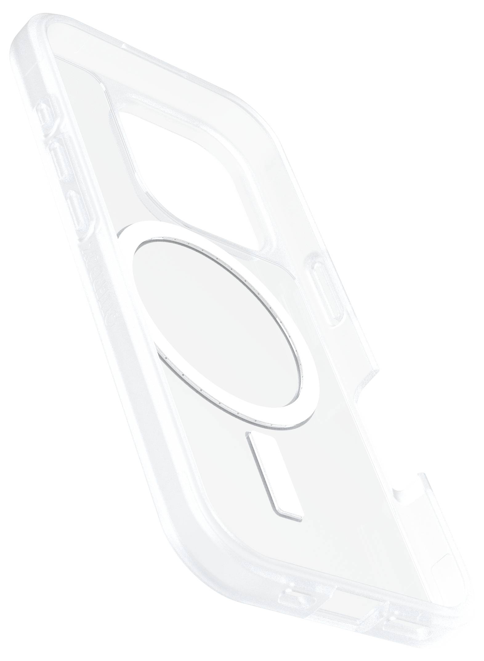 Durchsichtige Smartphone-Hülle mit rundem Magnetring in der Mitte, passend für kabelloses Laden, seitliche Knöpfe sichtbar.