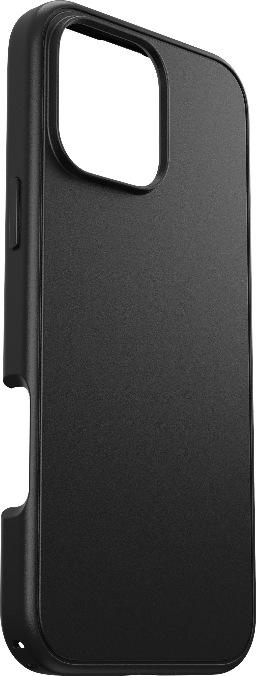 Schwarze Handyhülle mit minimalistischem Design. Rechteckige Form mit großen Ausschnitten für Kamera und Tasten.