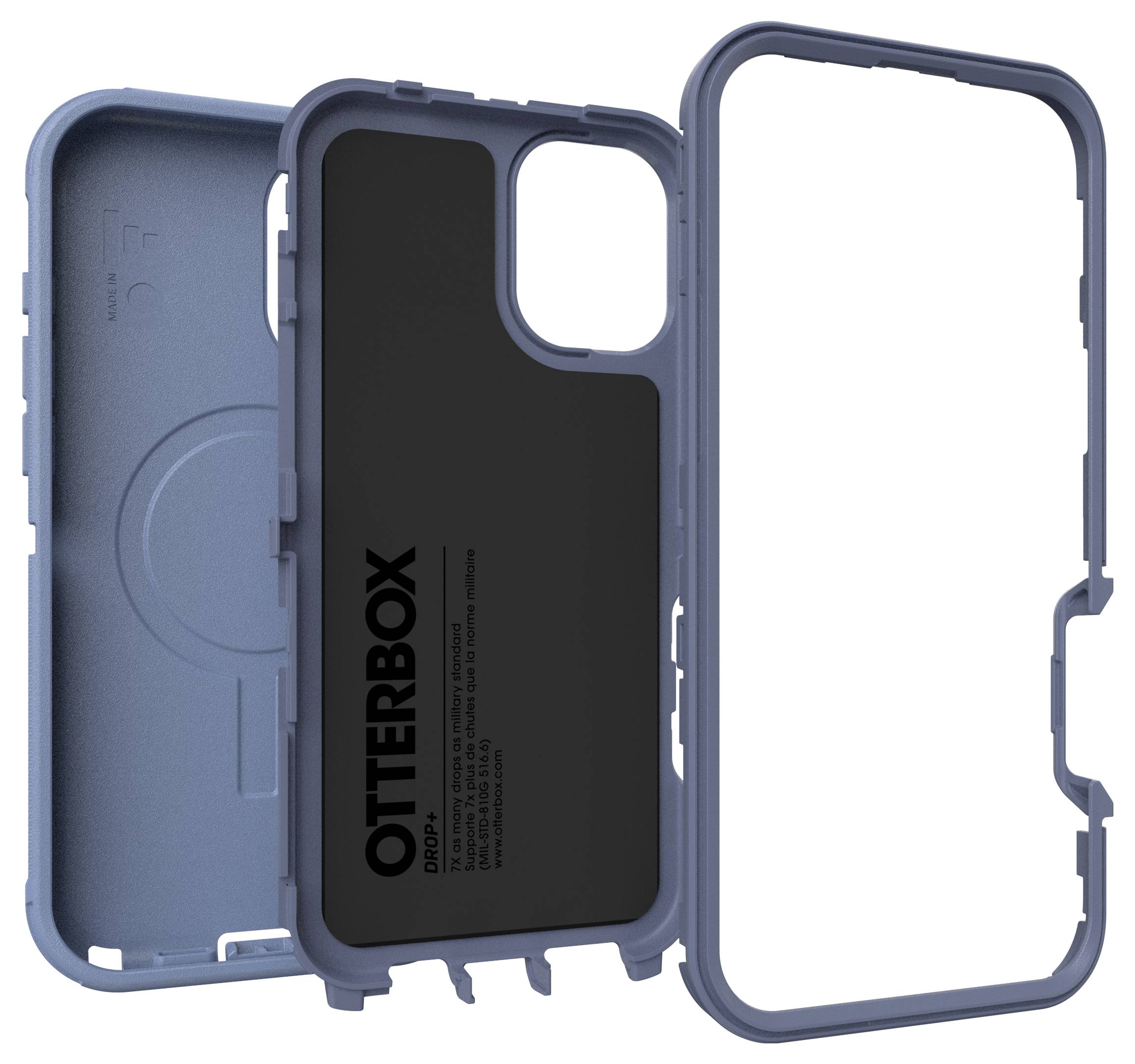 Blauer OtterBox-Handyhülle in Einzelteilen: äußere Schale, innere Schale und Bildschirmschutz.