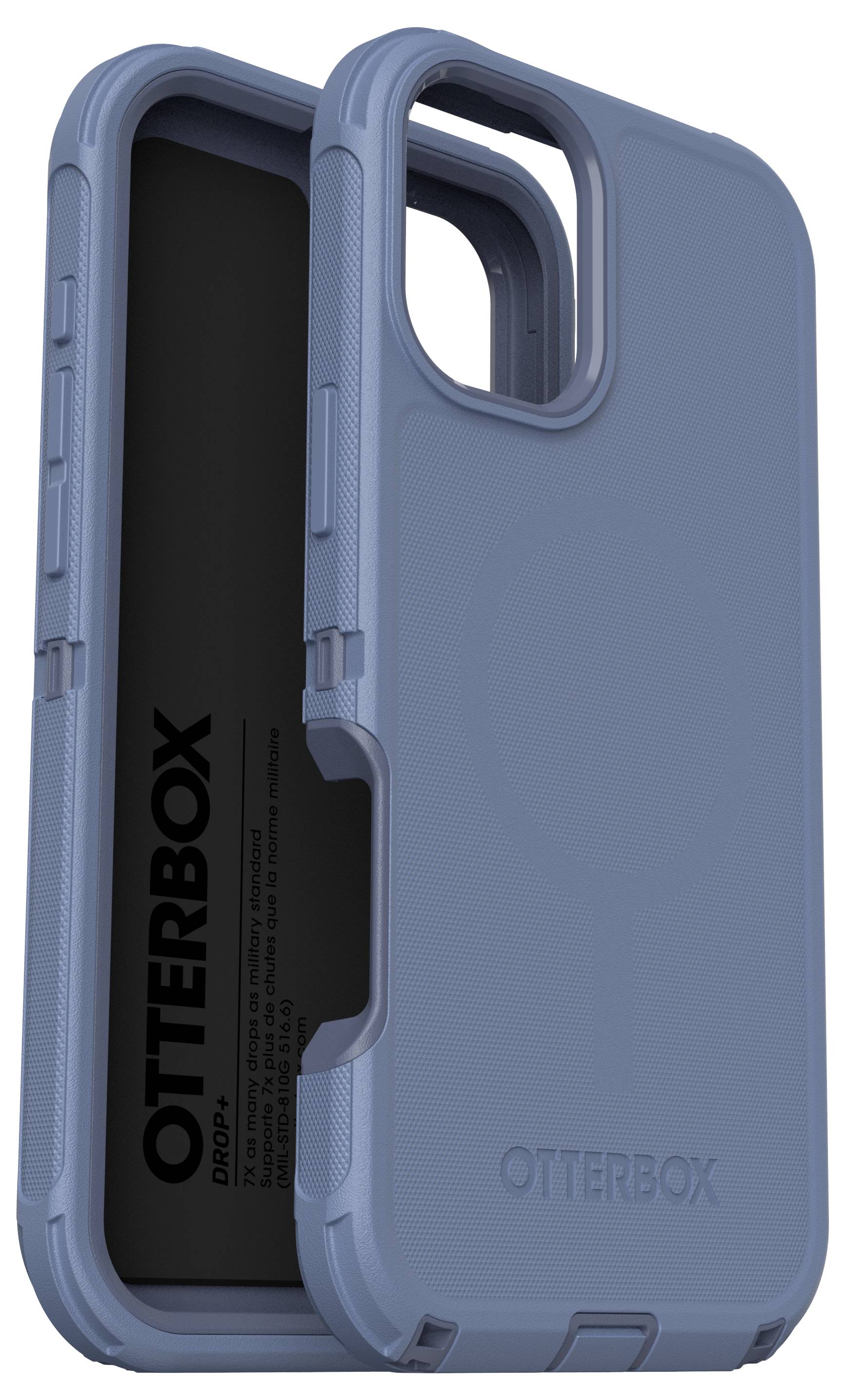 Ein blaues Otterbox-Handyhülle mit robustem Design und eingelassenem Logo, leicht geöffnet, zeigt die Innenseite. Geeignet für Sturzschutz.