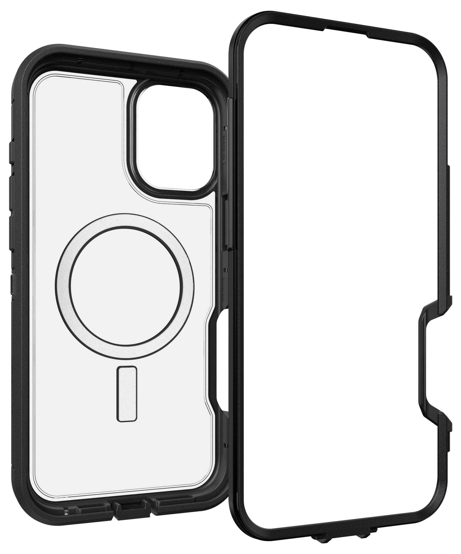 Zwei schwarze Smartphone-Hüllen für das neueste Modell, eine mit durchsichtigem Rücken und MagSafe-Anschluss, die andere ohne.