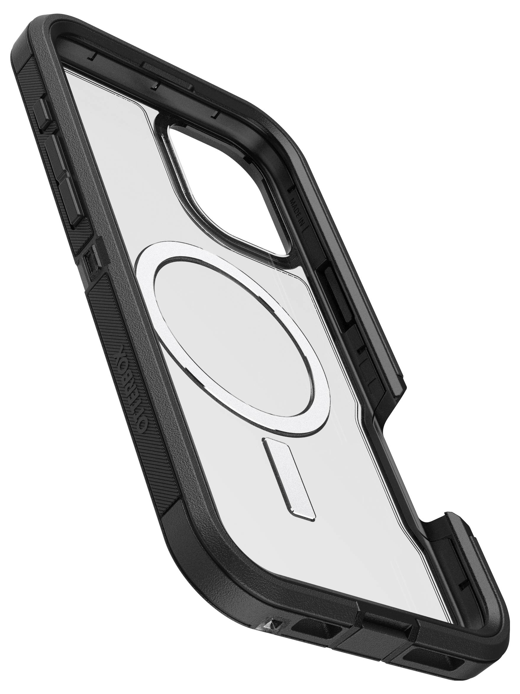 Smartphone-Schutzhülle mit verstärkten Ecken und transparentem Rückteil. Sie bietet robusten Schutz bei gleichzeitiger Sichtbarkeit des Geräts.