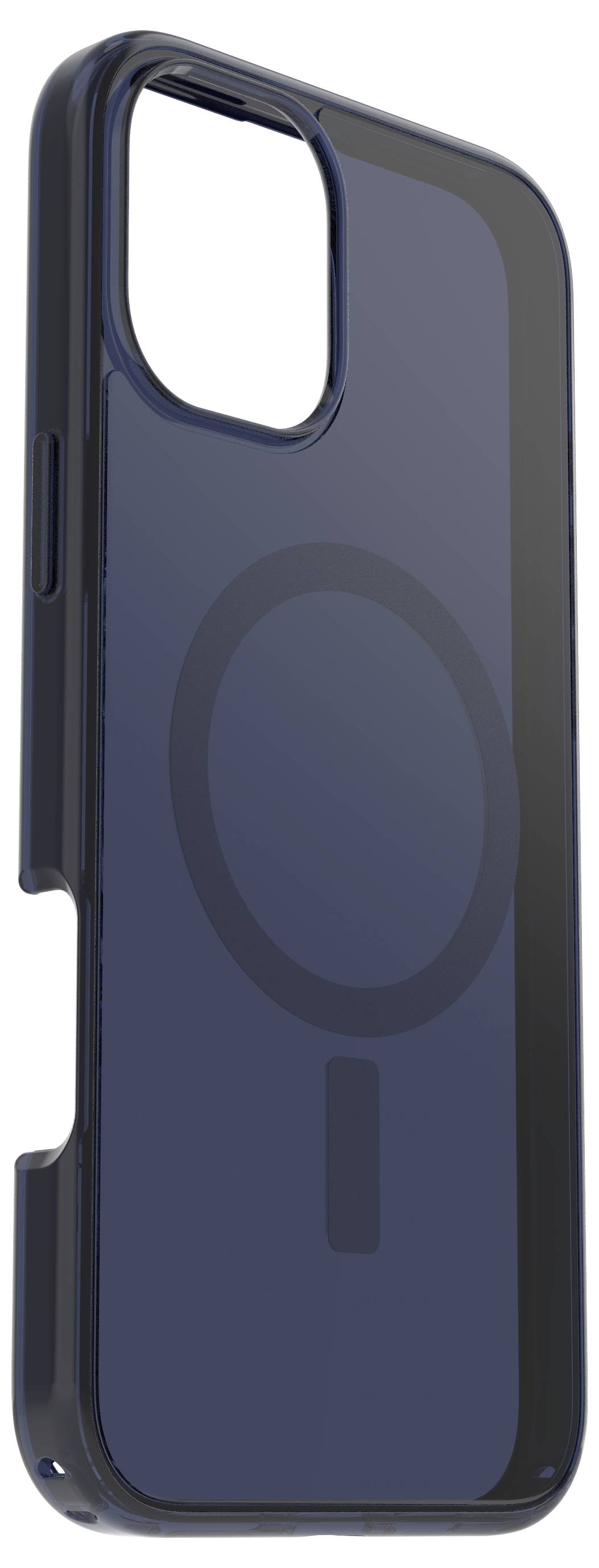 Eine dunkelblaue Handyhülle mit MagSafe-Kompatibilität, sichtbar durch den eingebauten magnetischen Kreis in der Mitte der Rückseite.