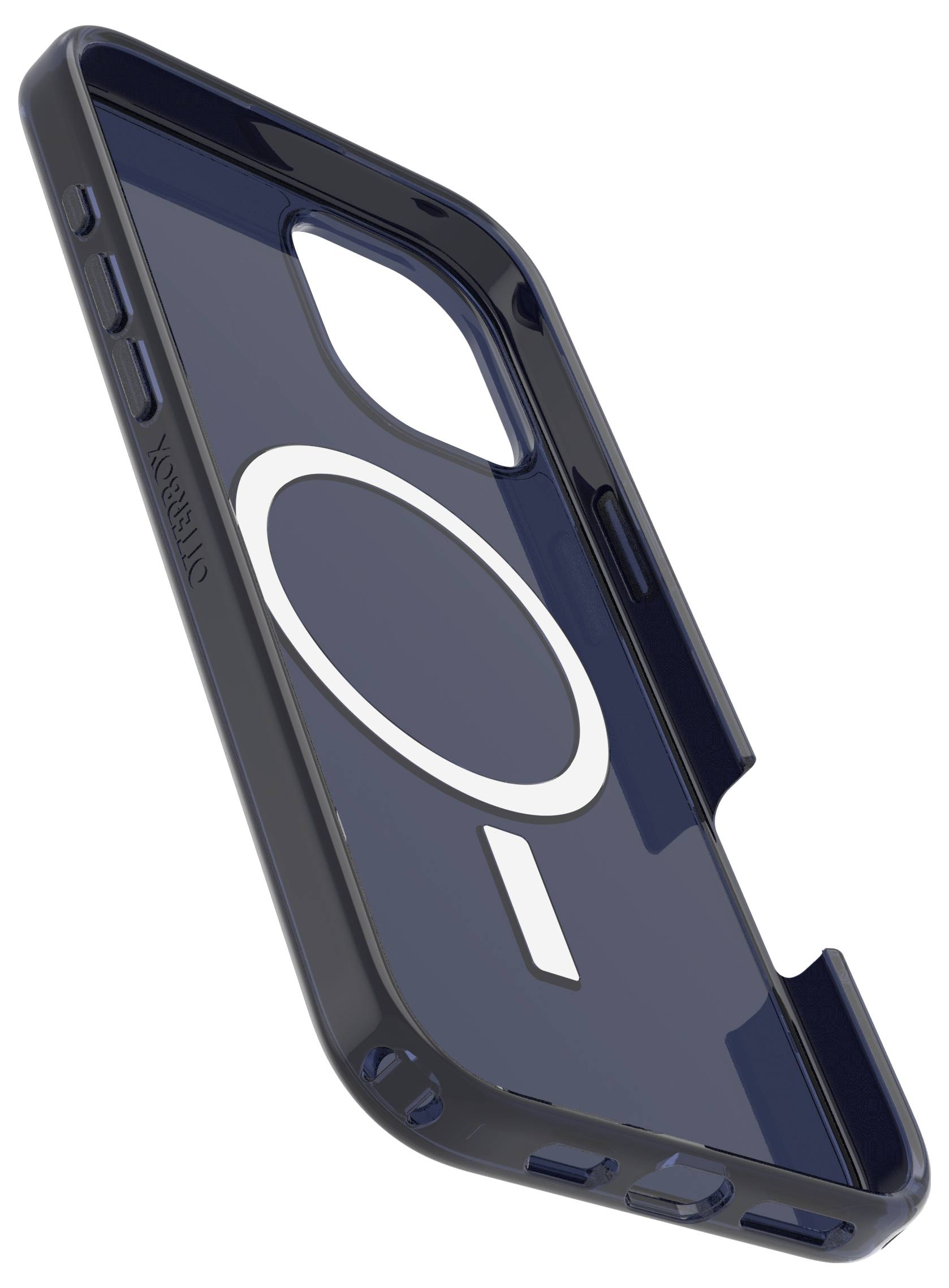 Blaues Smartphone-Gehäuse mit großem Kameraloch, schwarzem Rand und kreisförmigem Design auf der Rückseite.