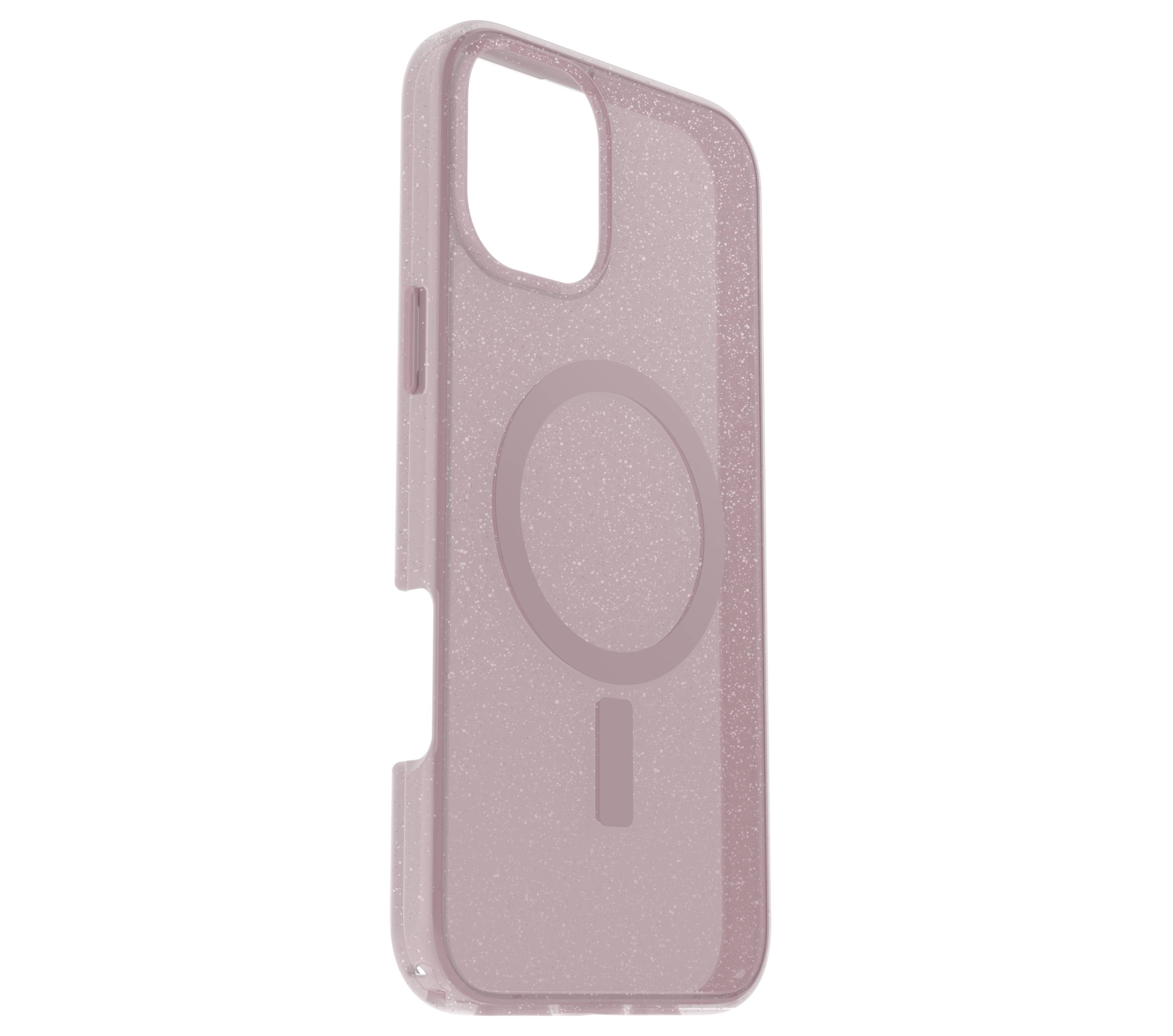 Ein rosa glitzerndes Smartphone-Case mit Aussparung für die Kamera und kreisförmigem Design auf der Rückseite.