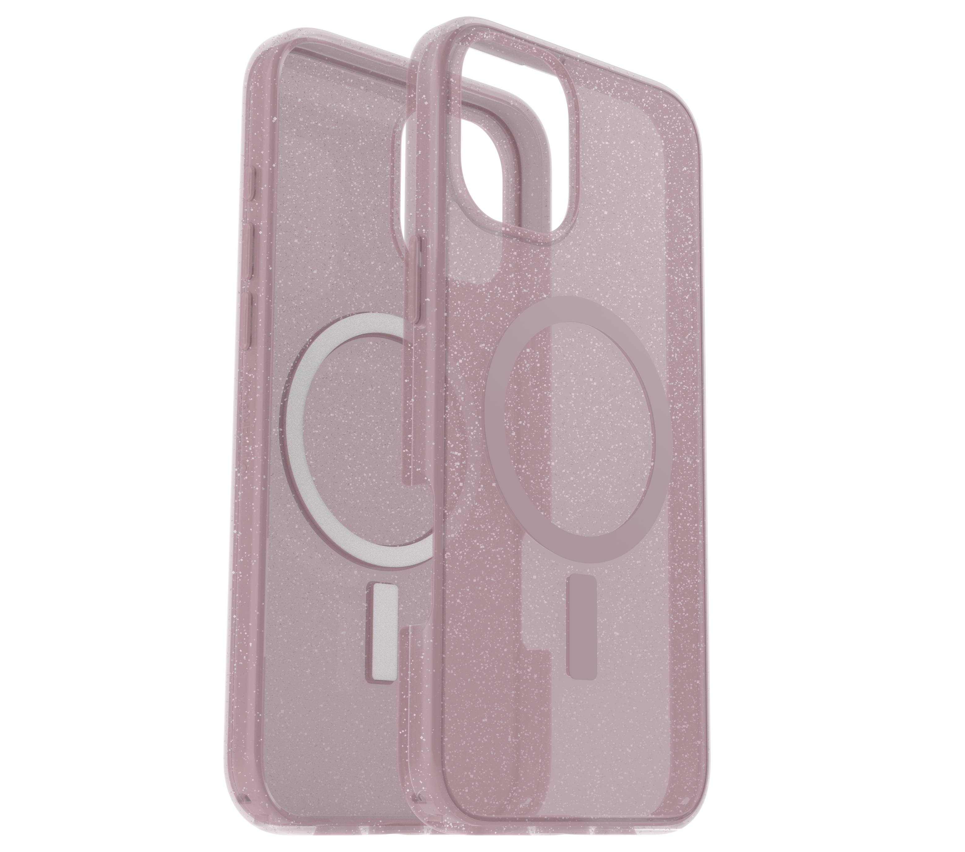 Zwei leicht transparente, rosafarbene Handyhüllen mit Glitzereffekt und MagSafe-Kompatibilität.