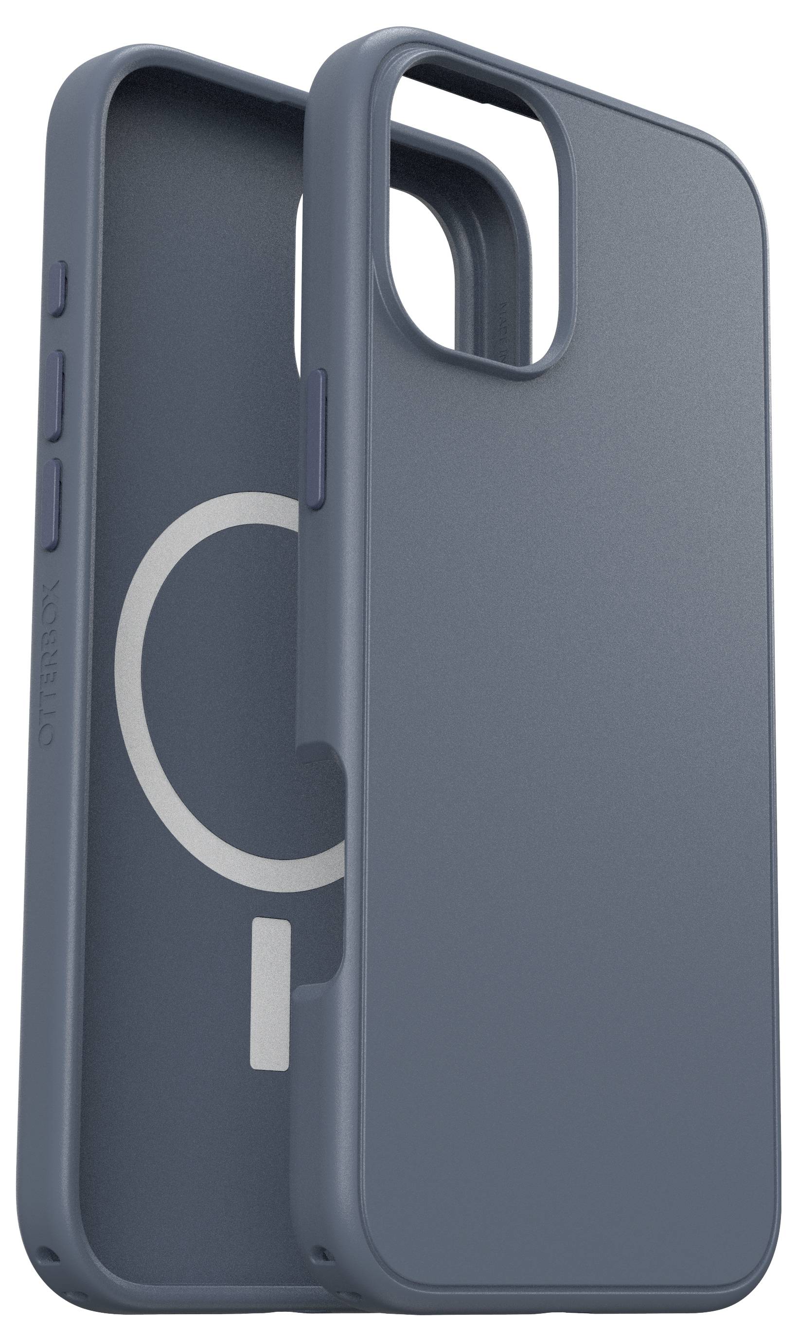 Blaue Smartphone-Hülle mit Halterungsfach und seitlichen Tastenöffnungen, steht aufrecht und zeigt Innen- und Außenseite.