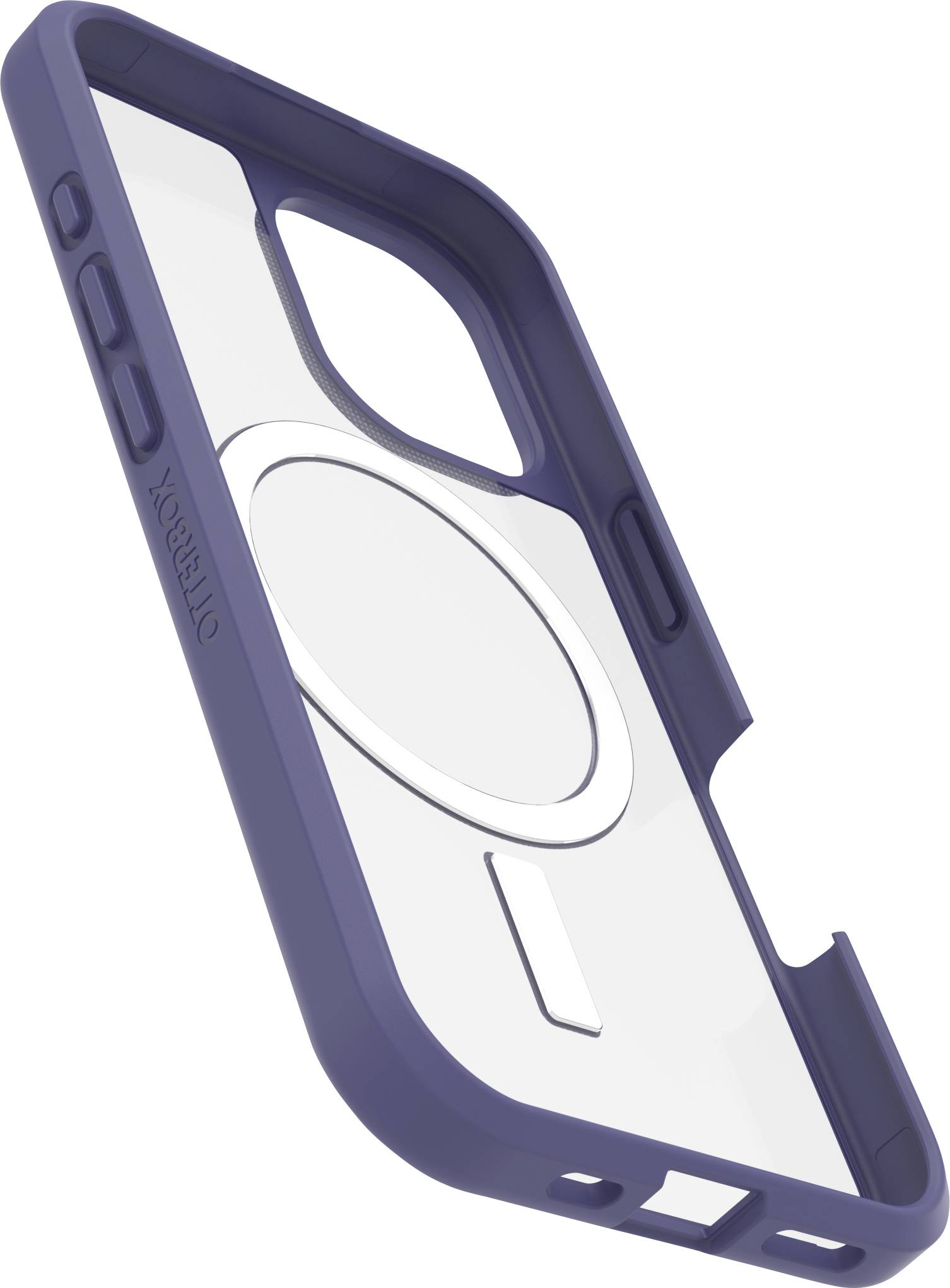 Durchsichtige Smartphone-Hülle mit blauem Rand, angehoben, um die Rückseite eines Telefons zu schützen.