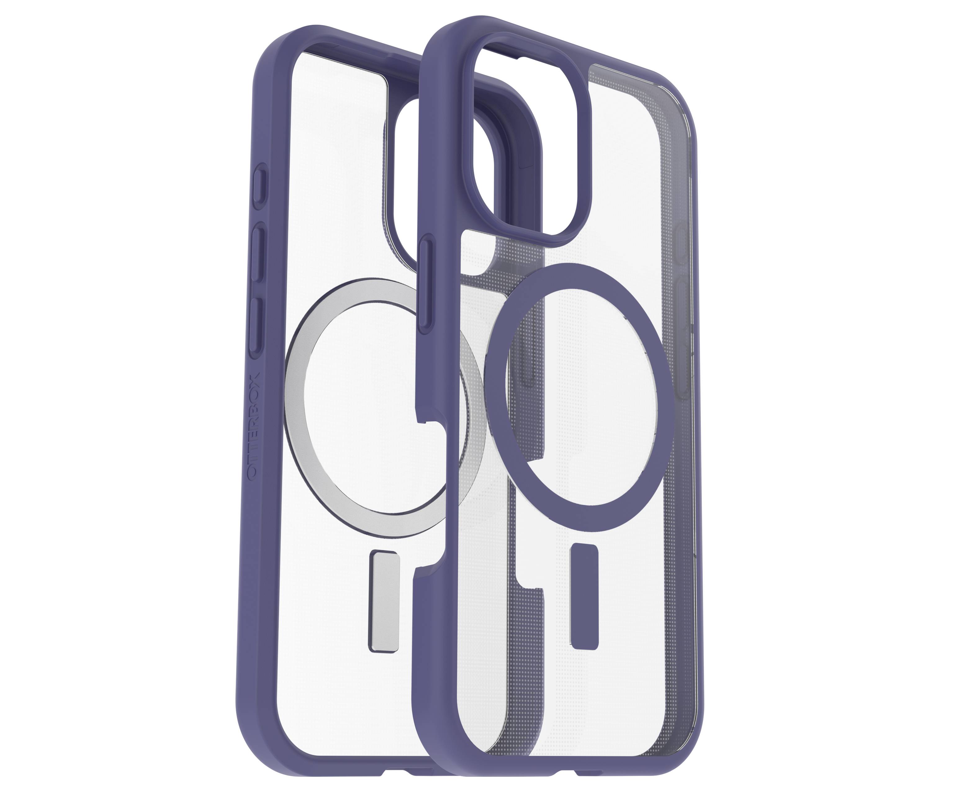 Zwei transparente Handyhüllen mit blauen Rändern und kreisförmigem Magnetdesign auf der Rückseite, passend für Smartphones.