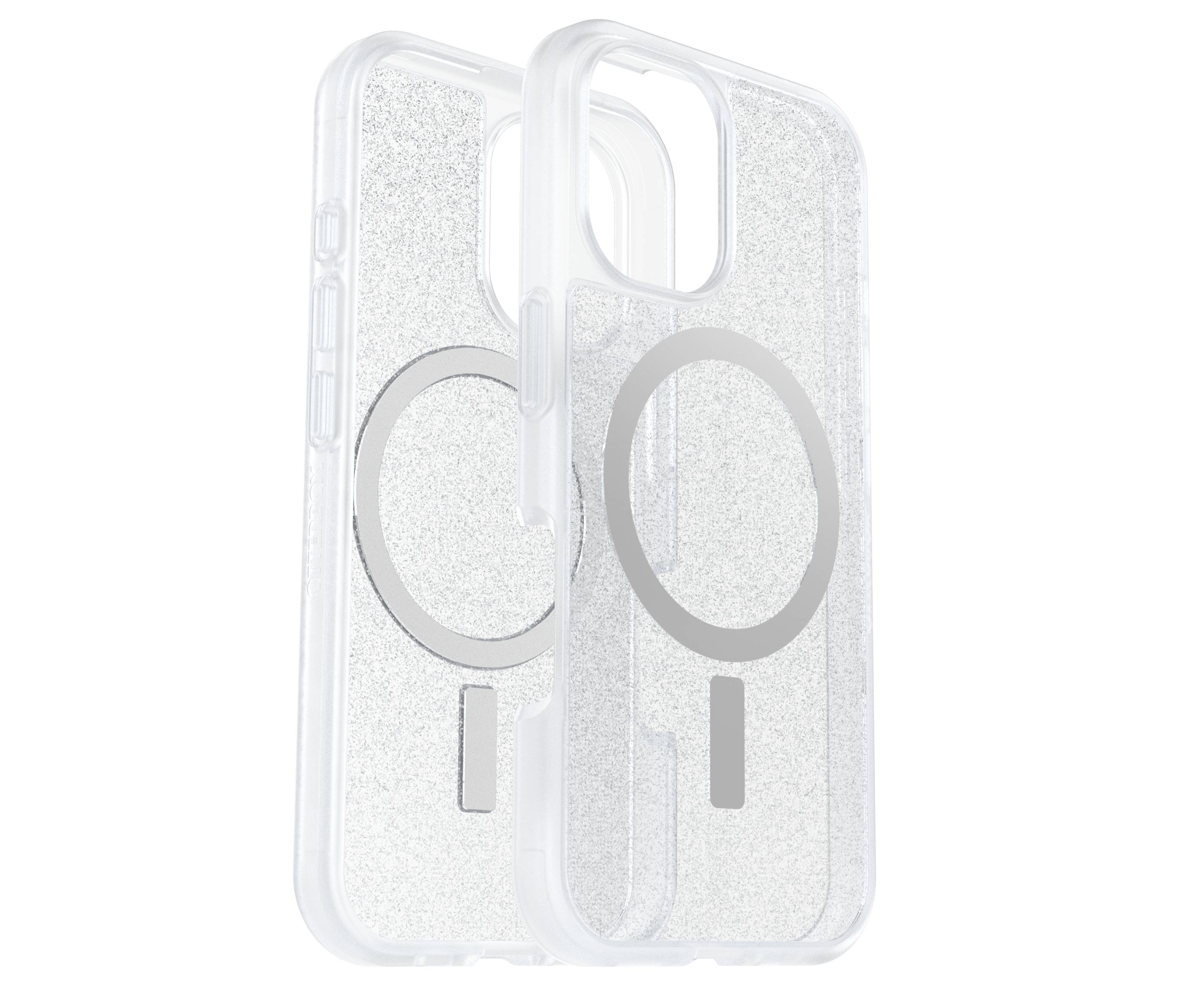 Transparente, funkelnde Handyhülle mit Magnetring, geeignet für drahtloses Laden. Zeigt zwei leicht unterschiedliche Perspektiven.