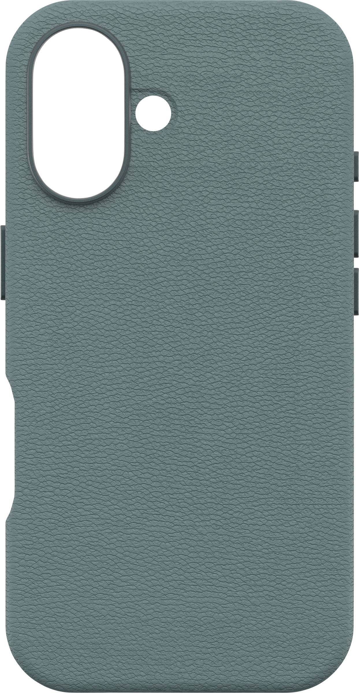 Ein Smartphone-Hüllenvorderansicht mit grünem, strukturiertem Material und Öffnungen für Kamera und Tasten.