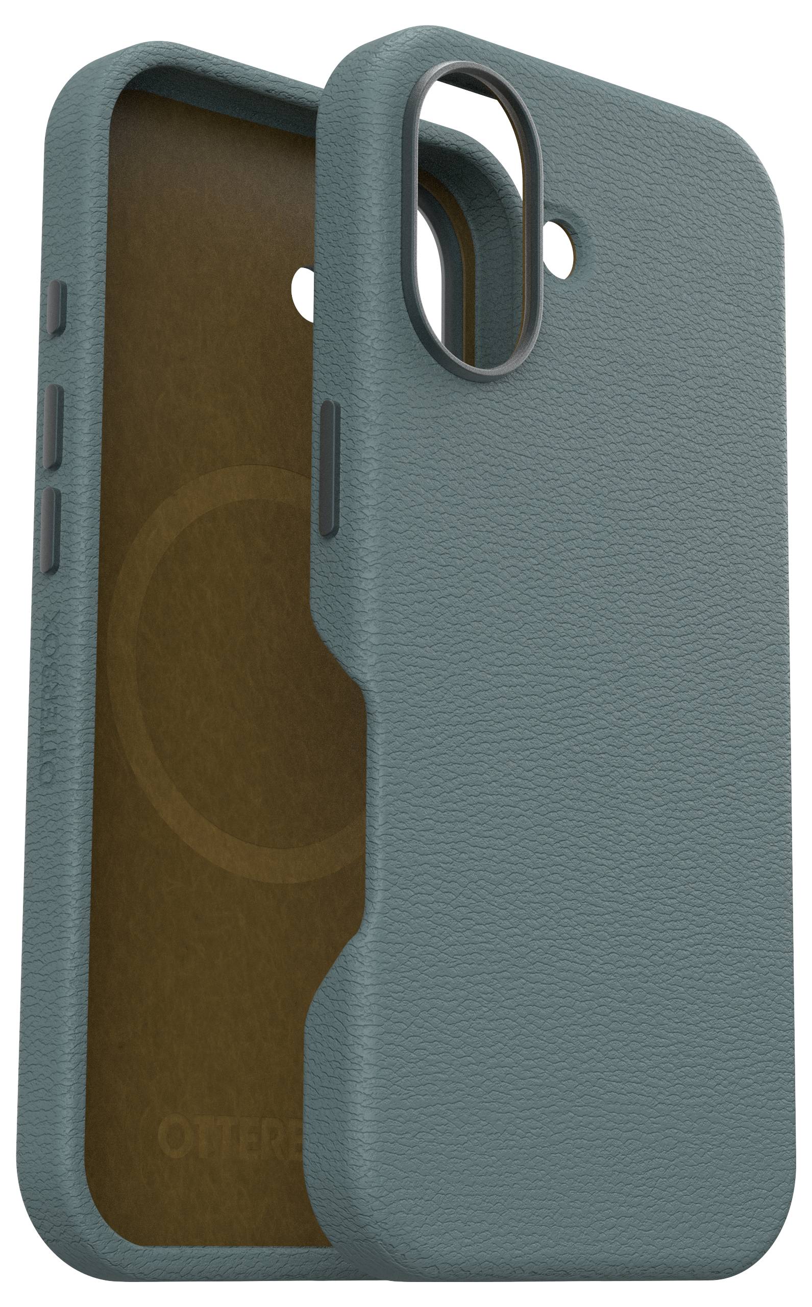 Eine dunkelgrüne Handyhülle mit Textur, teilweise geöffnet gezeigt. Sie hat einen Ausschnitt für die Kamera und Seitenknöpfe.