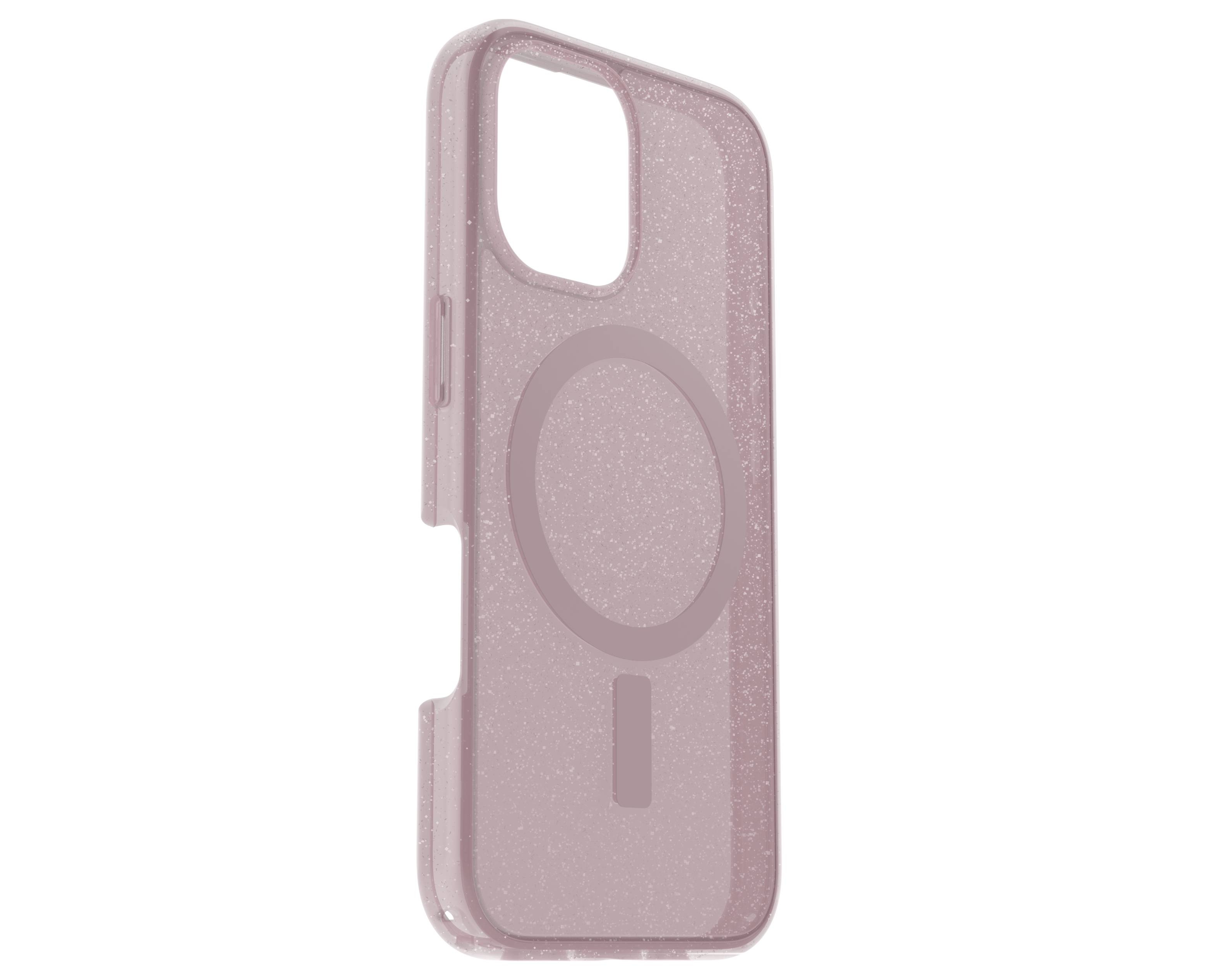 Schutzhülle für Smartphone, halbtransparent rosa mit Glitzer, zeigt Rückseite und Rand, passend für ein Gerät mit zwei Kameras.