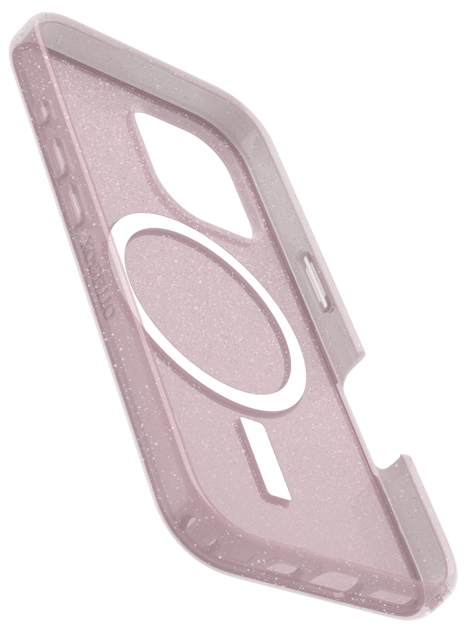 Rosa Handyhülle mit Glitzer, passend für Smartphones mit MagSafe-Funktion. Schützt das Gerät und bietet kabelloses Laden.