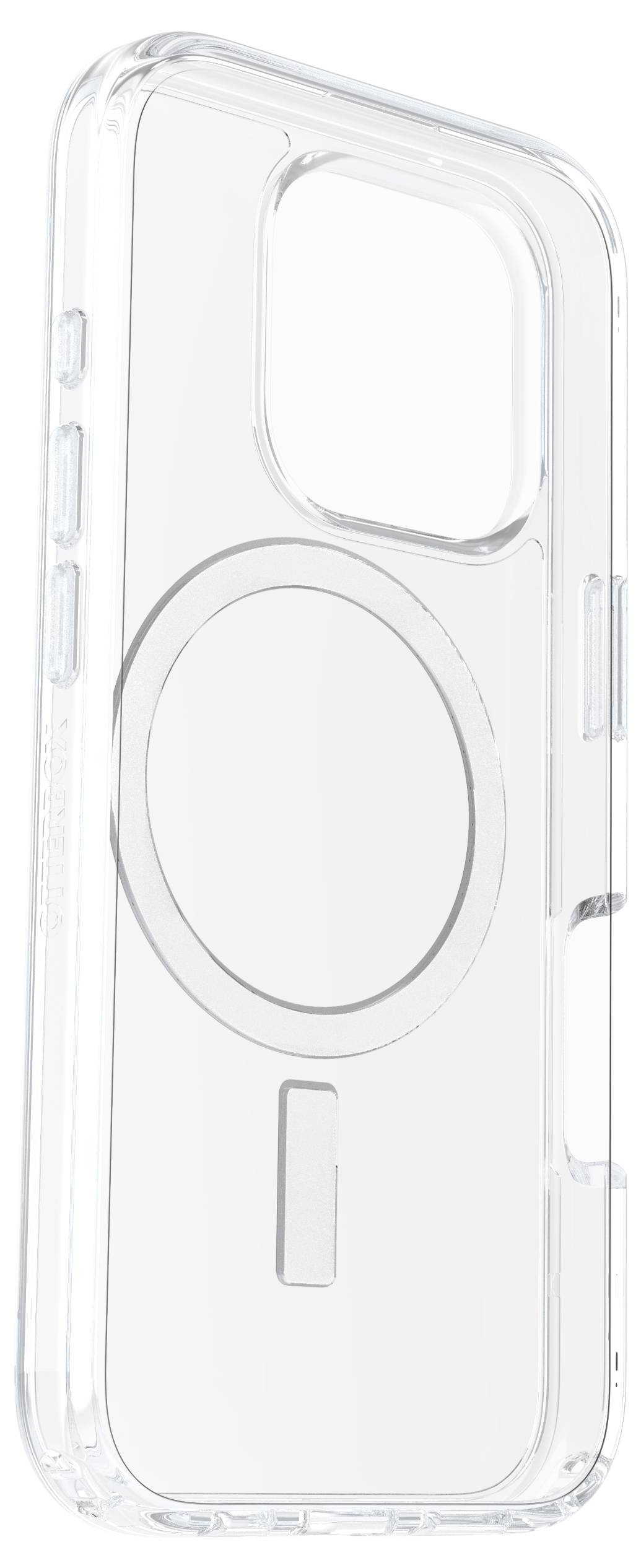 Transparente Handyhülle mit kreisförmigem Magnetring auf der Rückseite, geeignet für kabelloses Laden.