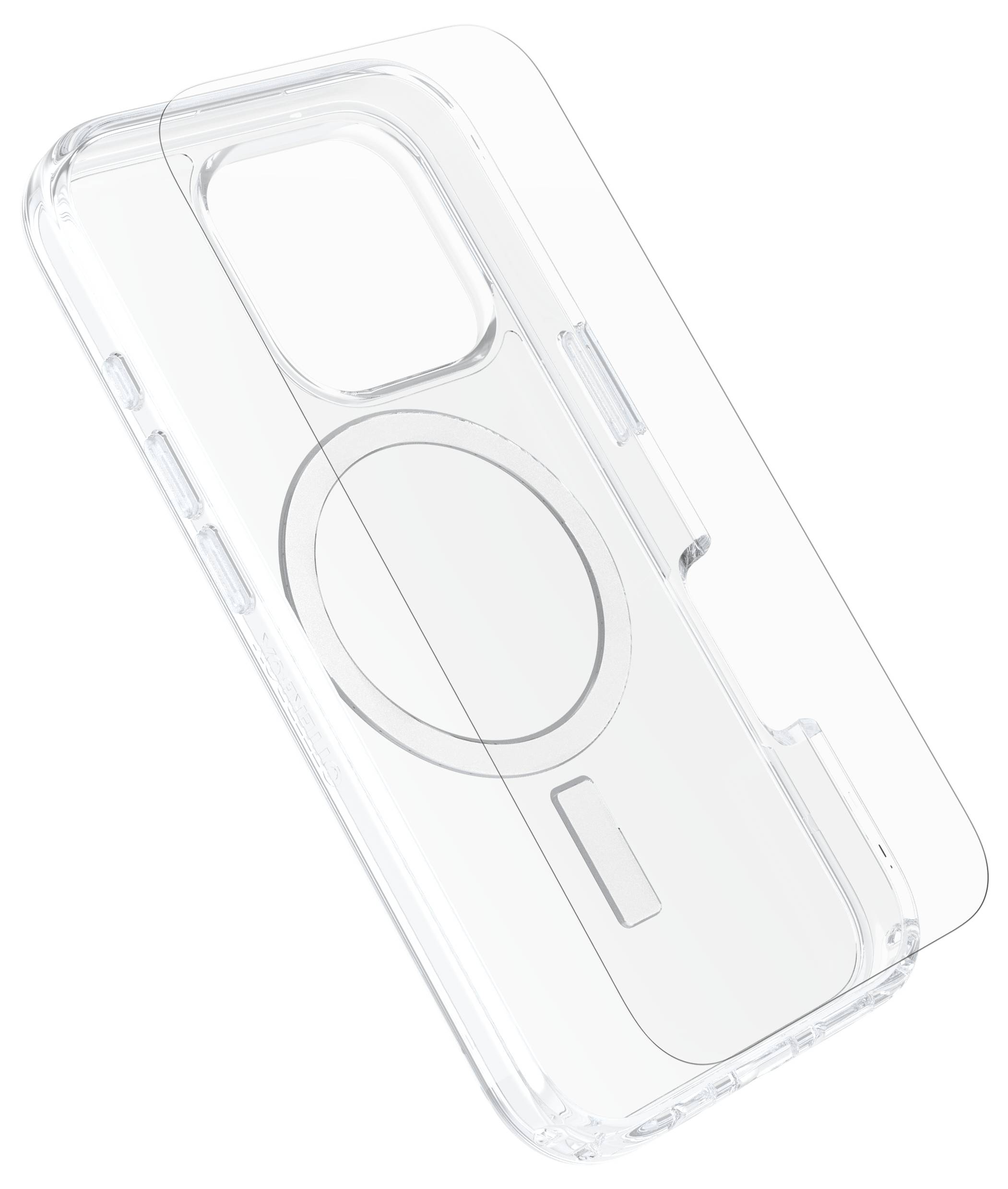 Transparente Handyhülle mit kreisförmigem Magnetdesign, passend für ein bestimmtes Smartphone-Modell, auf weißem Hintergrund.