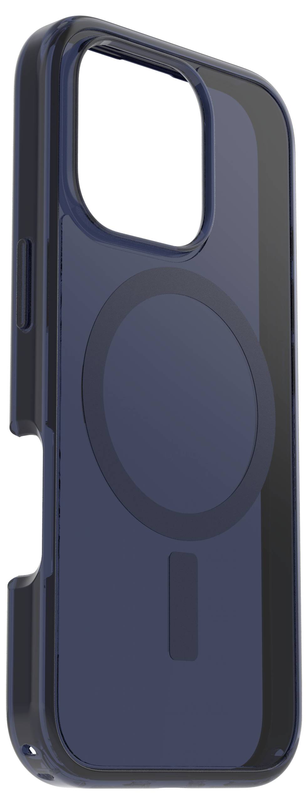 Dunkelblaues Handyhülle mit Aussparung für Kamera und rundem Magnetaufdruck auf der Rückseite, passend für modernes Smartphone-Modell.