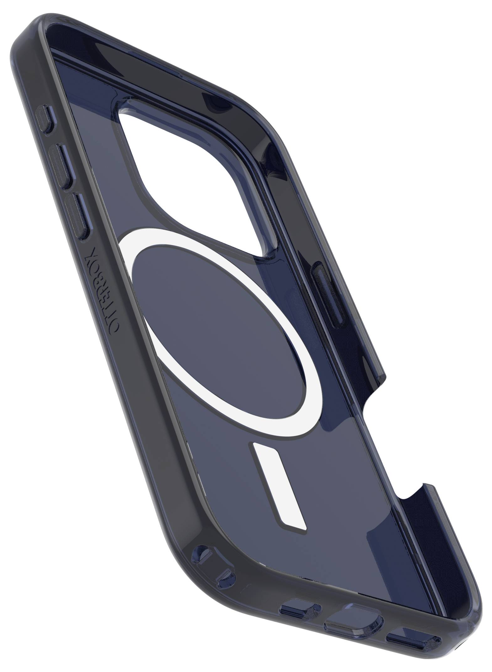 Schwarze Schutzhülle für ein Smartphone, mit ovalem Ausschnitt für die Kamera und präzisen Tasten-Aussparungen.