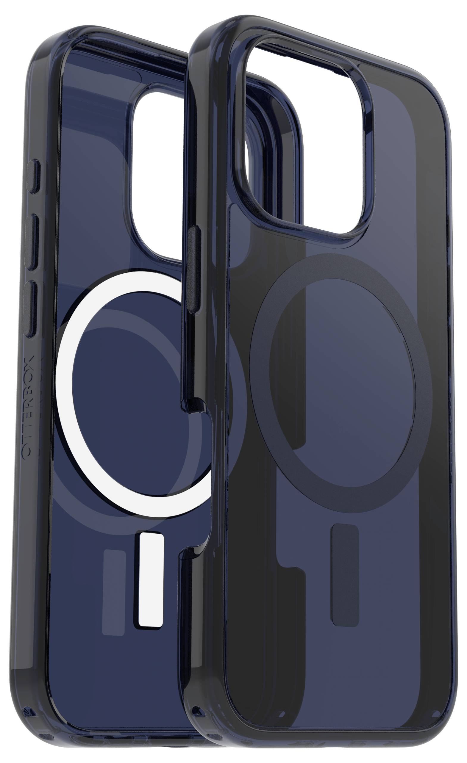 Zwei blaue Smartphone-Hüllen mit kreis- und rechteckförmigen Mustern auf der Rückseite, passend für Modelle mit quadratischer Kameraöffnung.