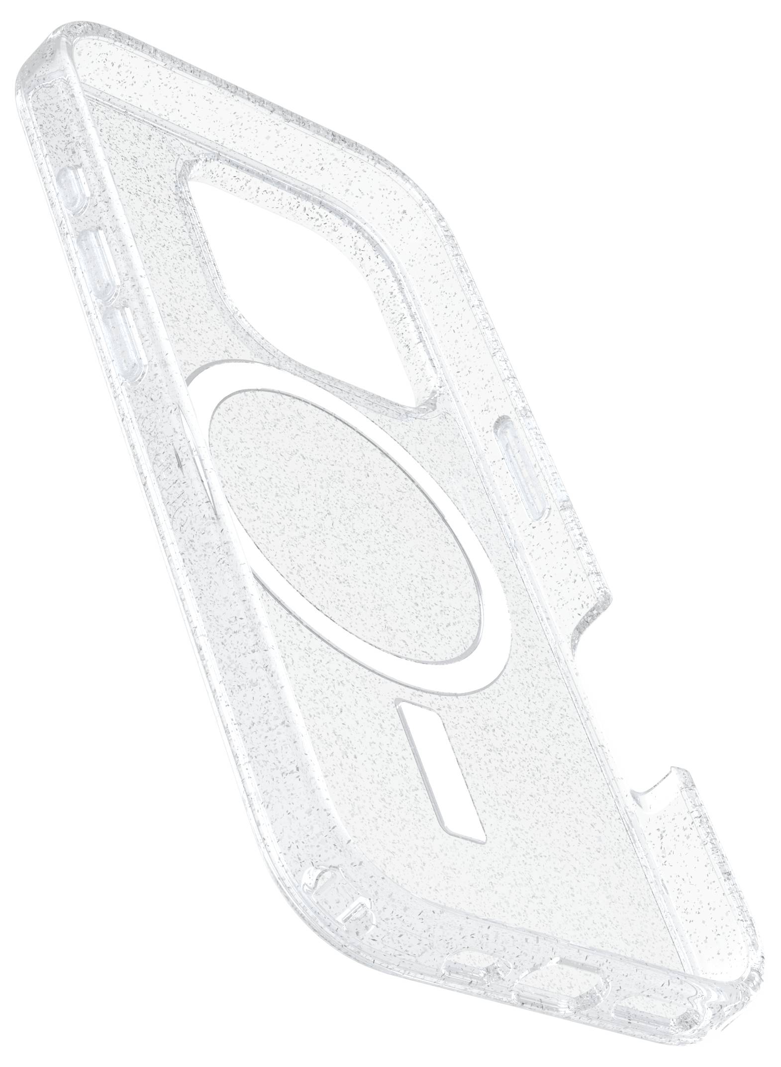 Transparente Handyhülle mit Glitzer, zeigt Aussparungen für Kamera und Ladeanschluss. Stylisches Design für Smartphones.