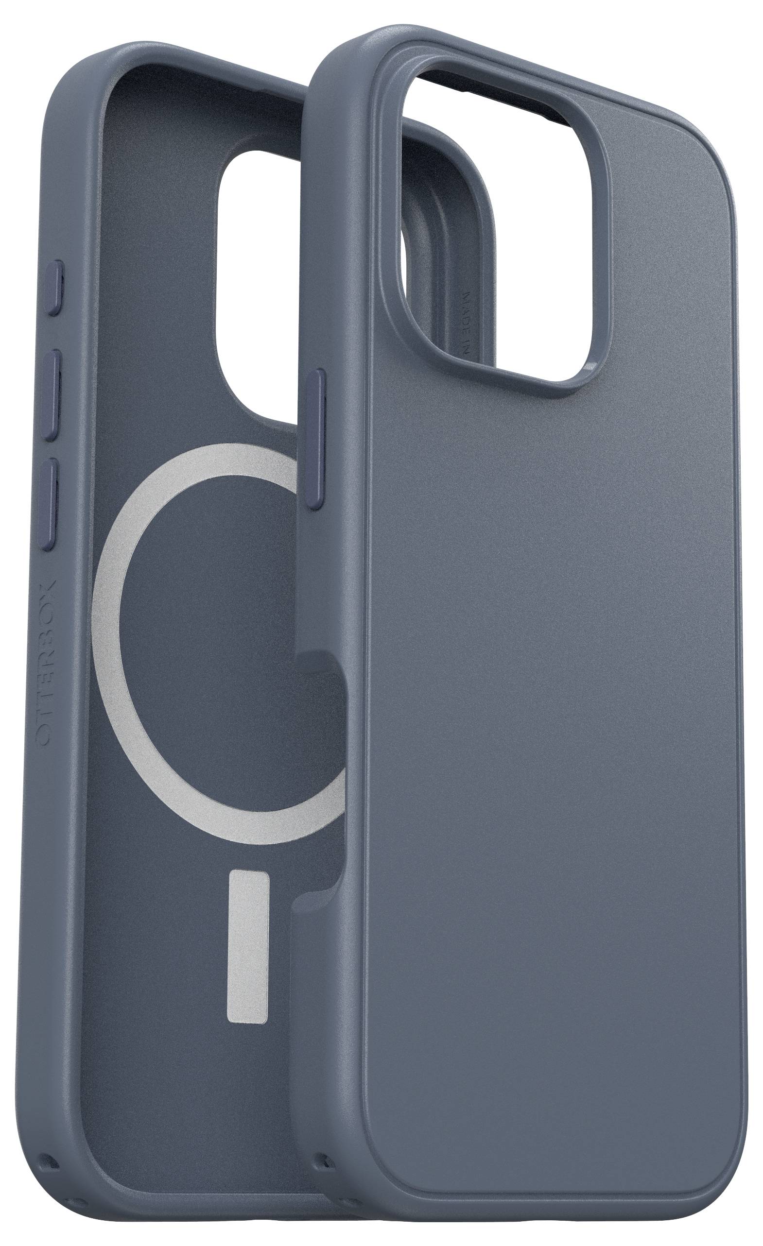 Zwei blaue Handyhüllen mit MagSafe-Unterstützung, nebeneinander stehend. Eine Hülle zeigt das MagSafe-Symbol innen.