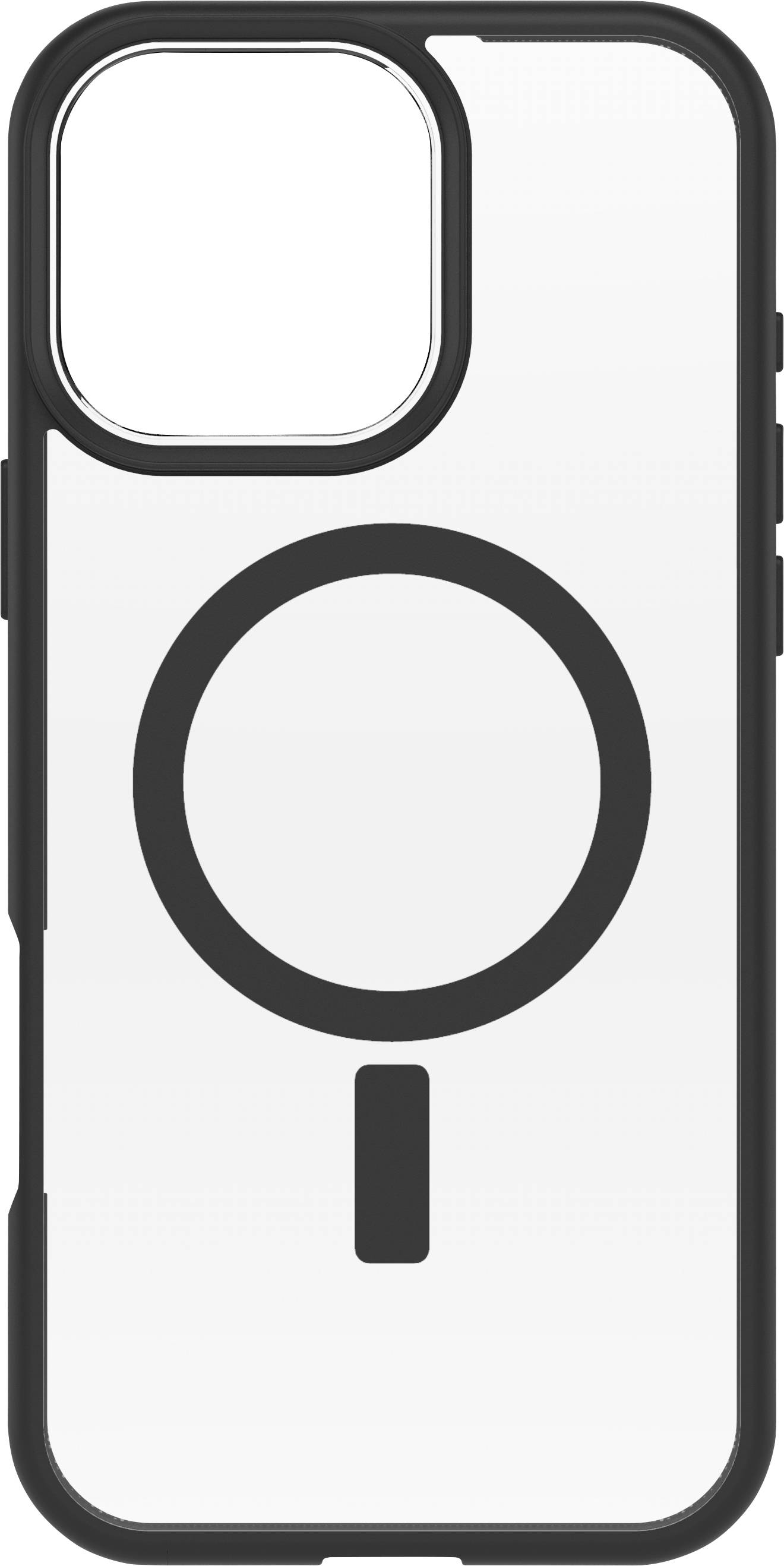Schutzhülle für ein Smartphone mit einem großen Symbol ähnlich einer Lupe auf der Rückseite, geeignet für kabelloses Laden.