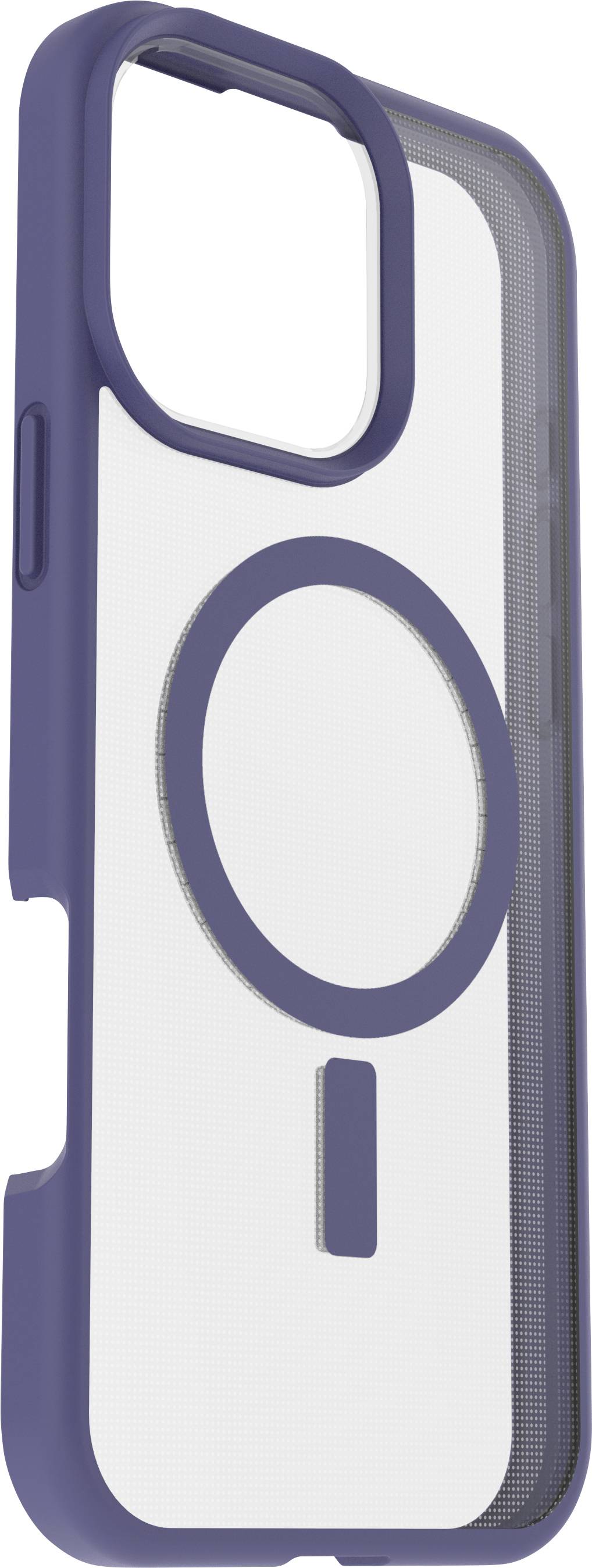 Eine blaue Handyhülle mit transparentem Rücken und einem kreisförmigen Ausschnitt für kabelloses Laden.