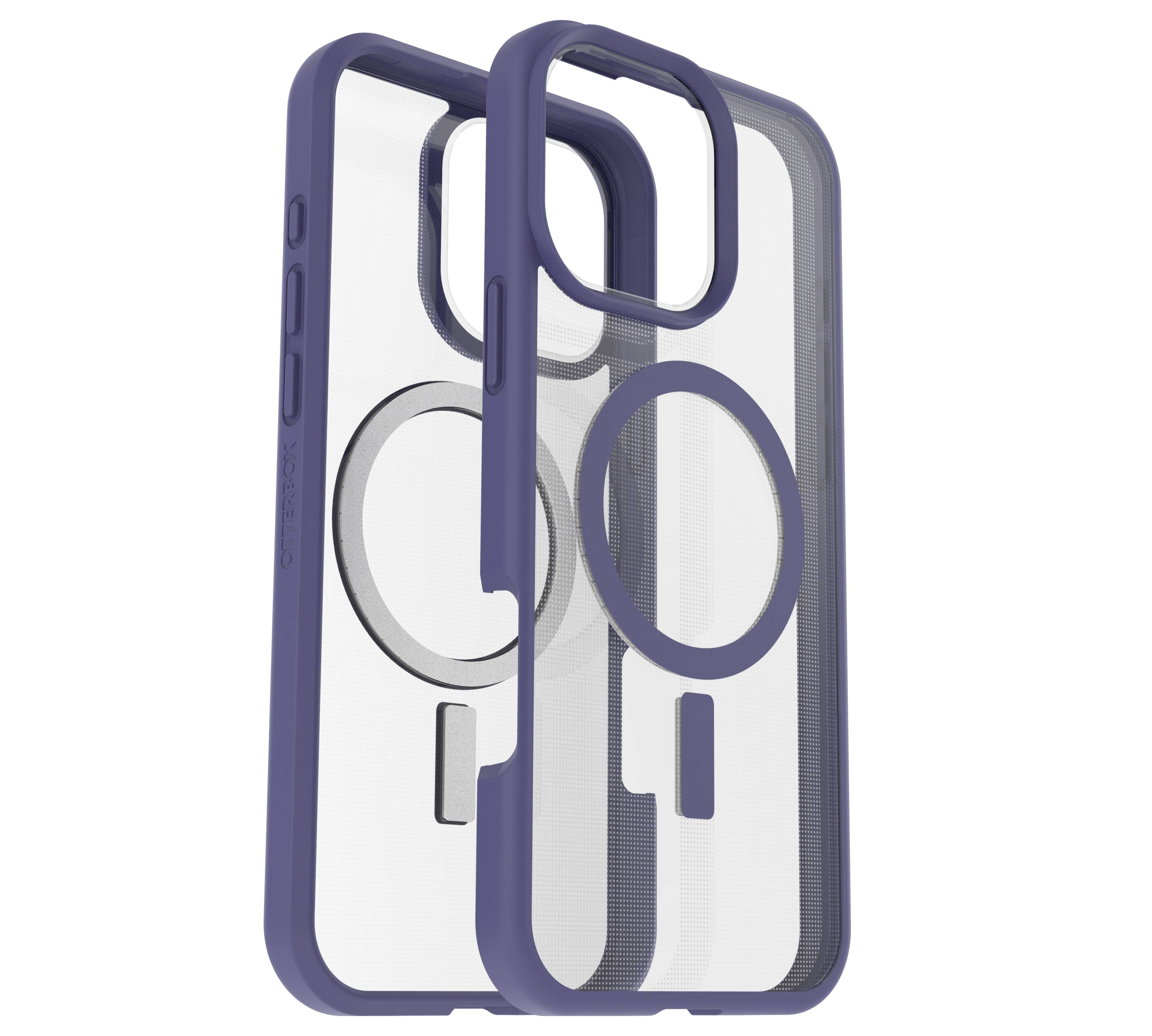 Transparente Handyhülle mit blauem Rand, kompatibel mit MagSafe, zeigt innen kreisförmiges Magnetfeld. Geeignet für Smartphones.