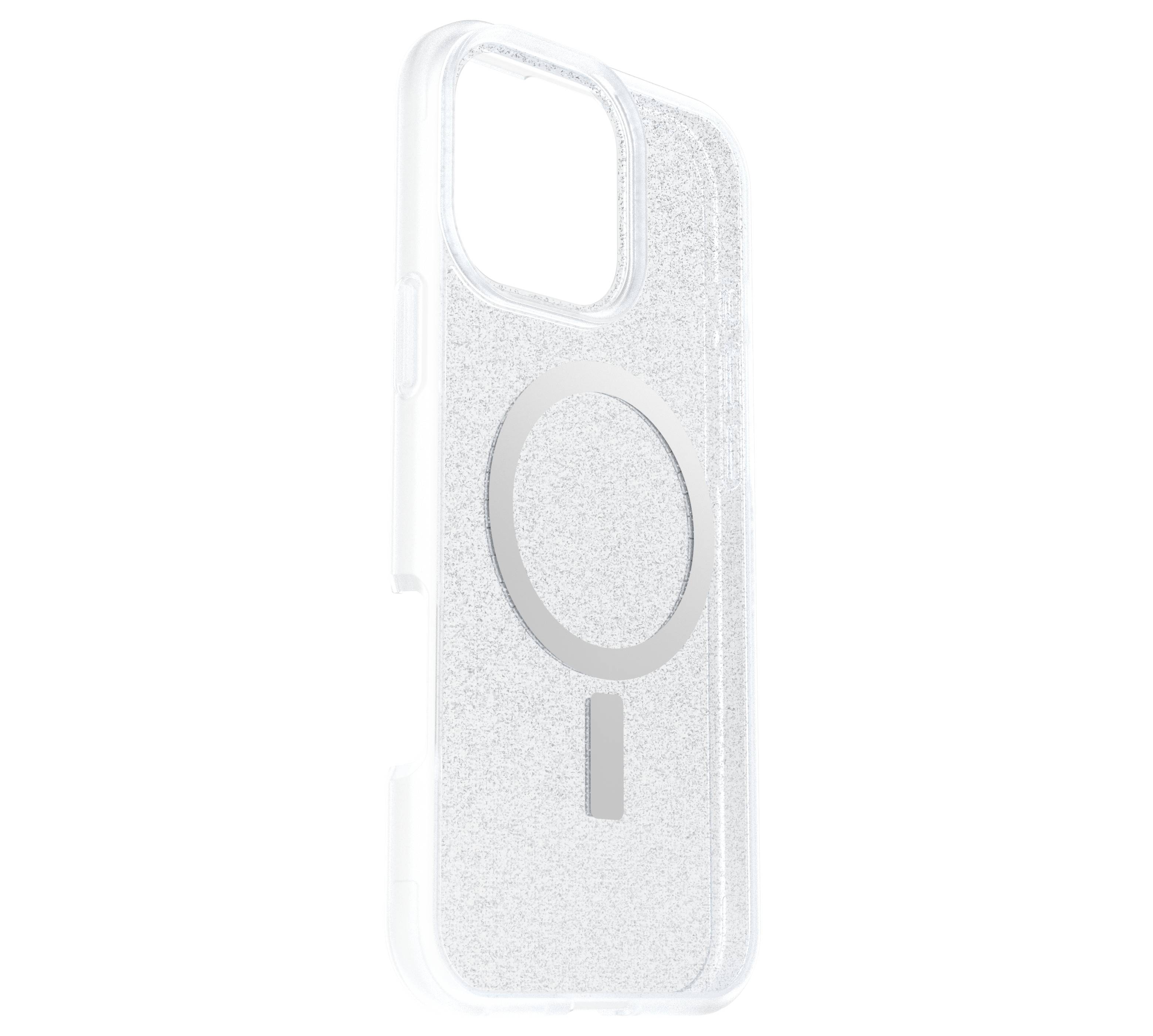 Durchsichtige Handyhülle mit einem silbernen kreisförmigen Muster hinten, geeignet für ein Smartphone.