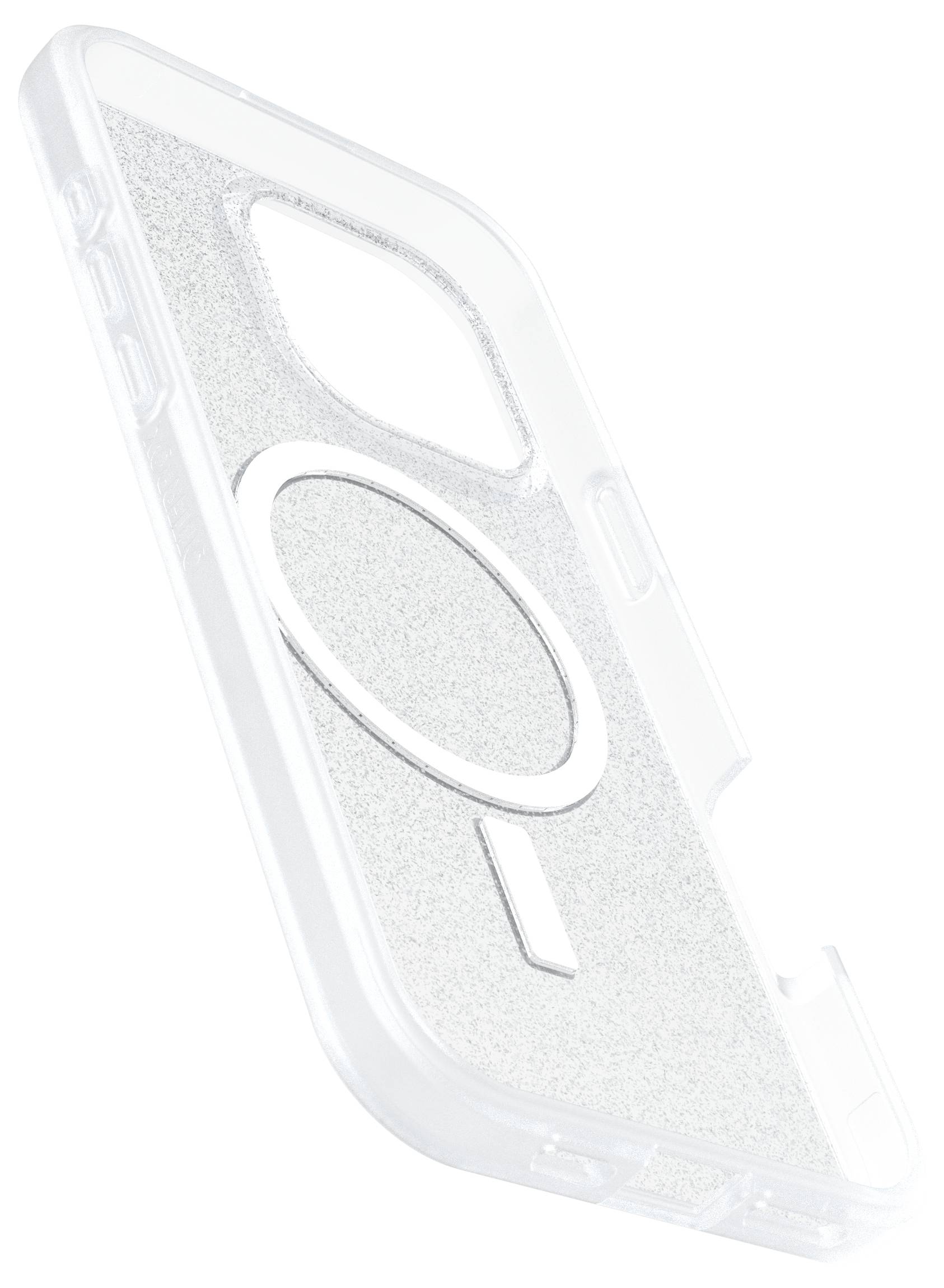 Durchsichtige Handyhülle mit kreisförmigem Magnetelement auf der Rückseite, geeignet für ein Smartphone mit zwei Kameralinsen.