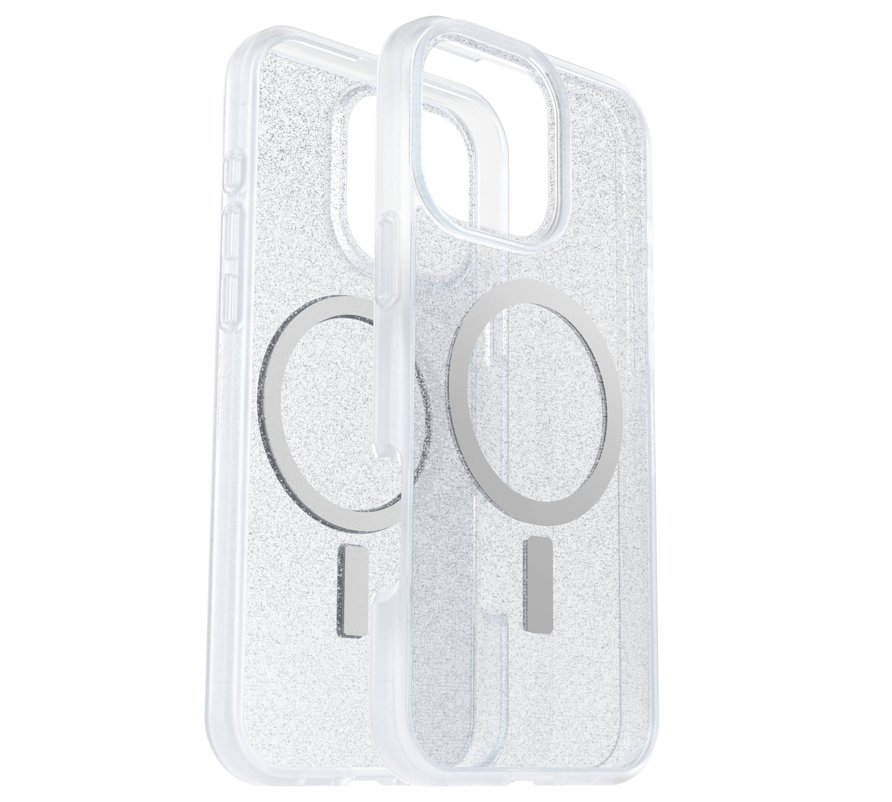 Zwei transparente Handyhüllen mit integriertem MagSafe-Magnetkreis für ein iPhone. Sie haben eine glitzernde Oberfläche.
