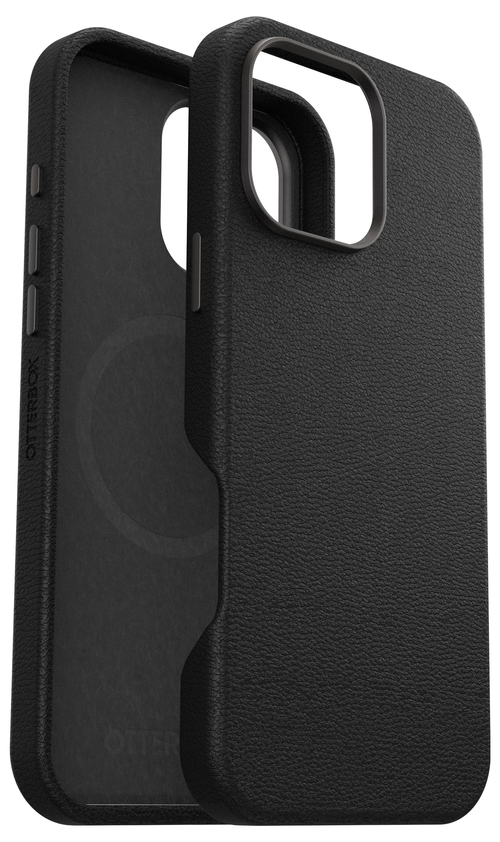 Ein schwarzes Handy-Cover mit strukturierter Oberfläche. Es besteht aus zwei Teilen und hat Aussparungen für Kamera und Tasten.