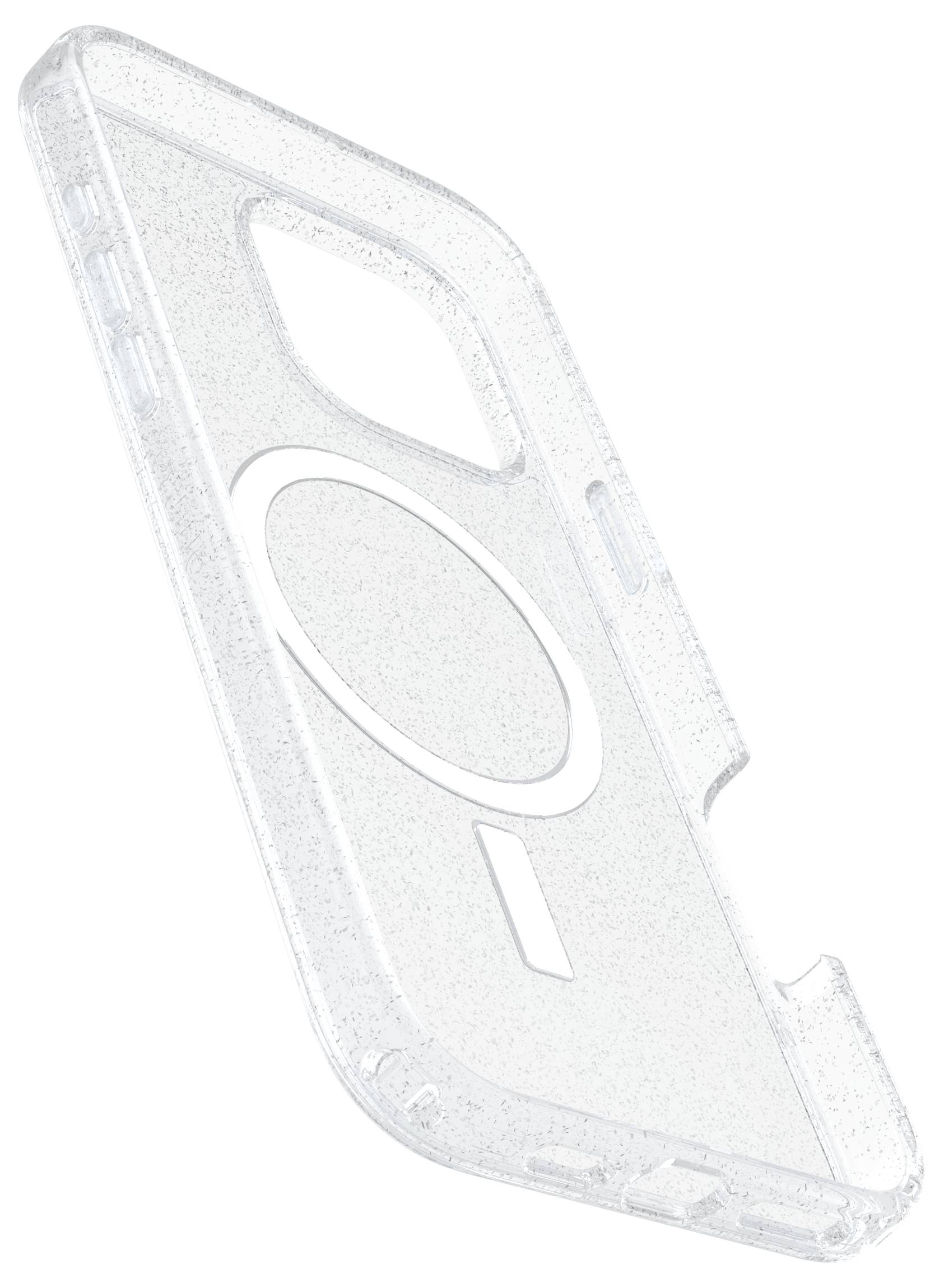 Transparente Handyhülle mit integriertem MagSafe-Ring für kabelloses Laden, bietet Schutz und Kompatibilität mit iPhone-Modellen.