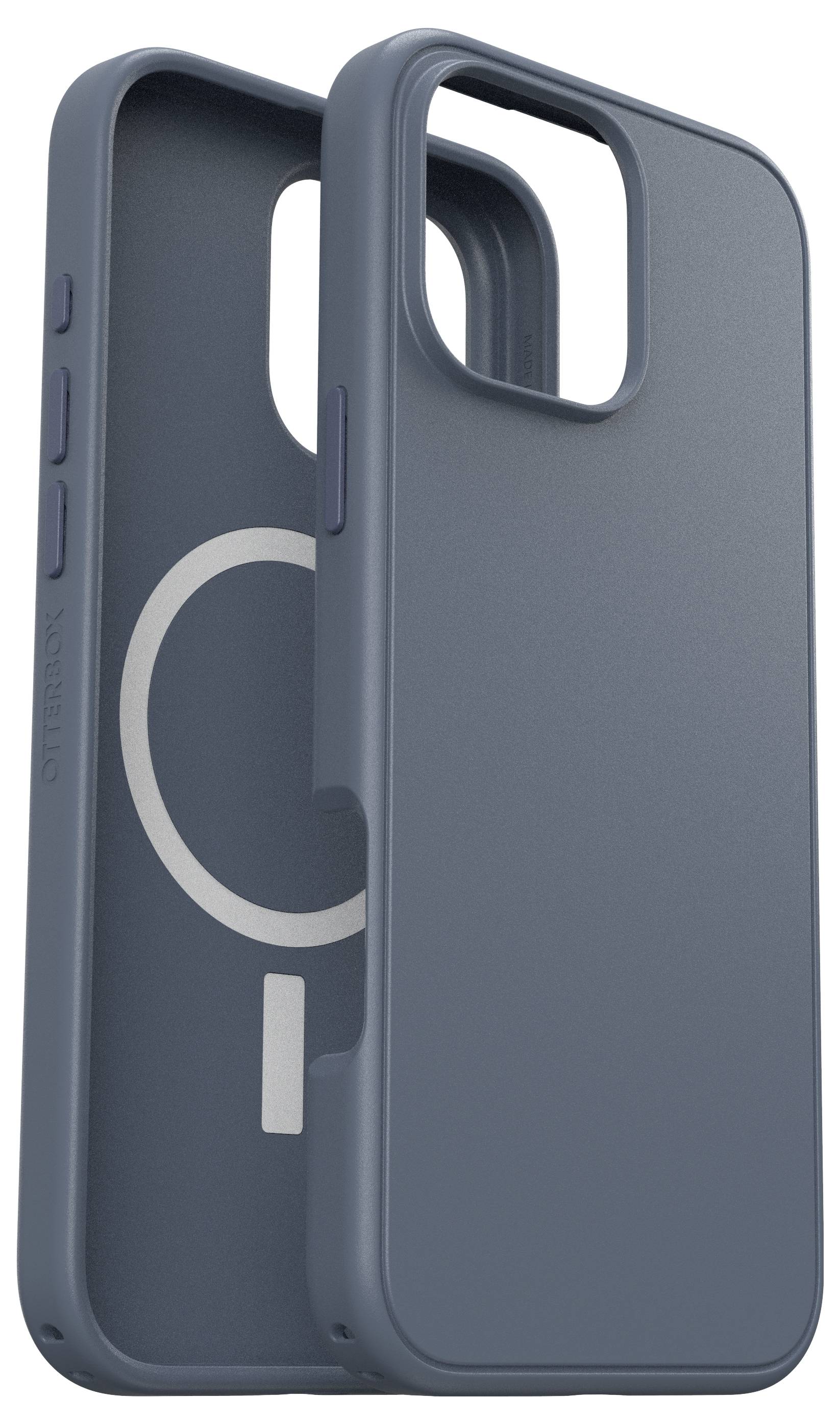 Dunkelblaue Handyhülle mit Öffnungen für Kamera und Anschlüsse, geeignet für drahtloses Laden. MagSafe-kompatibel.