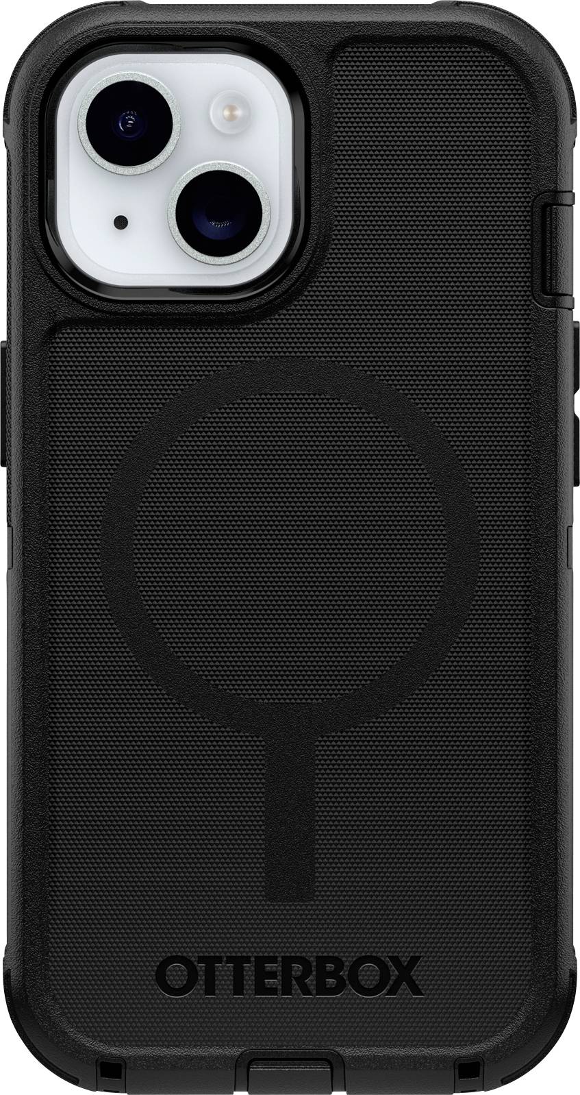 Schwarze Handyhülle mit rundem Magnetdesign und dem Schriftzug 'Otterbox' unten, passend für ein iPhone.