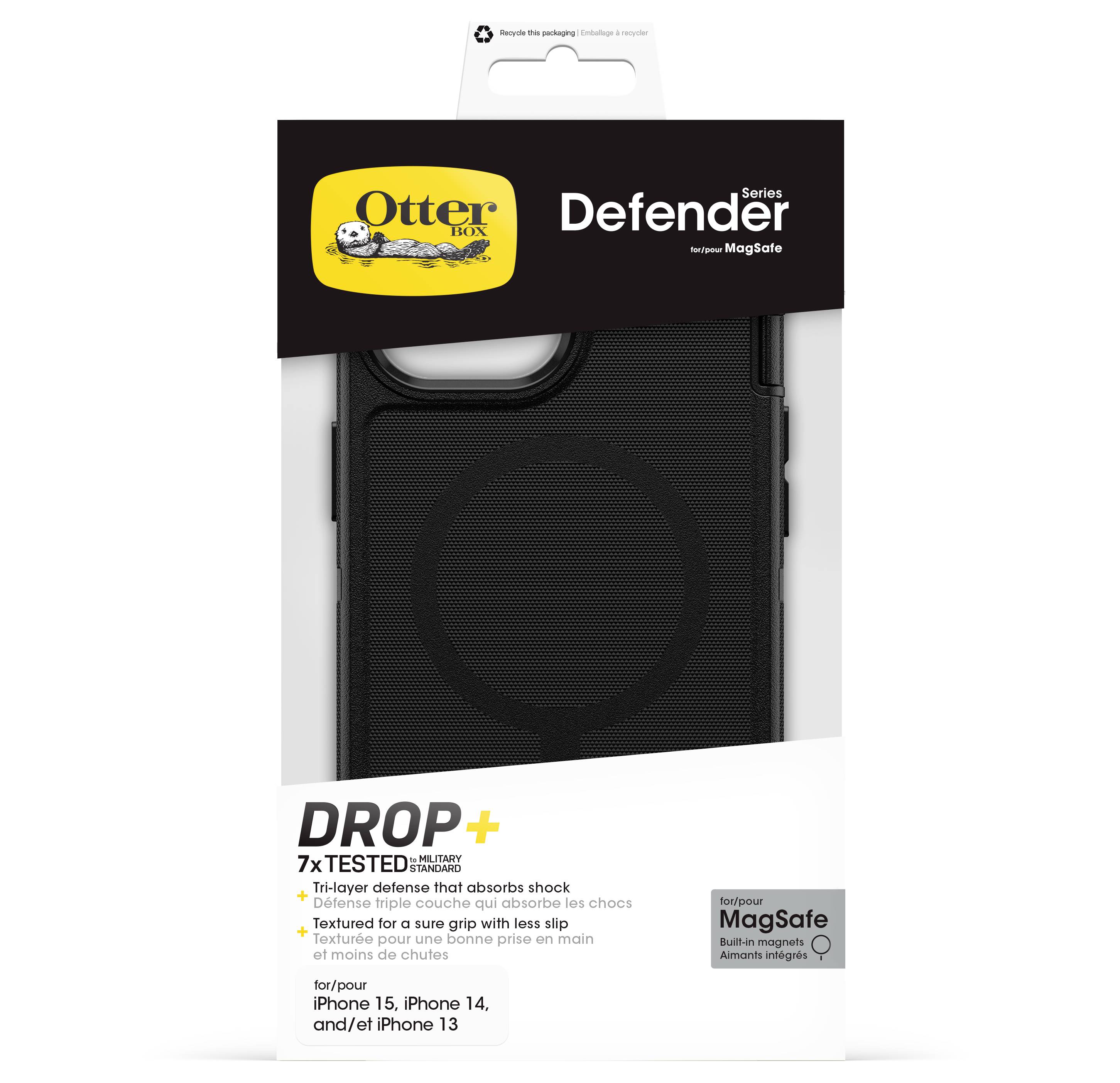 OtterBox Defender Series MagSafe iPhone-Gehäuse-Verpackung, schwarzes robustes Stoßschutz-Gehäuse für iPhone 15, 14 und 13.